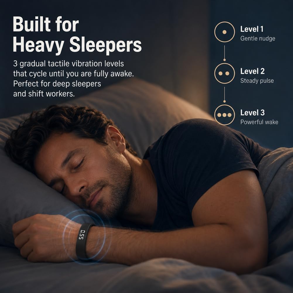 Histrips Onyx Vibration Alarm - Strong Vibration Sleep Watch for Deep Sleepers, Adjustable Intensity, Comfortable Strap, Long Battery Life, Small ＆ Portable, Don't Disturb Others (Black)