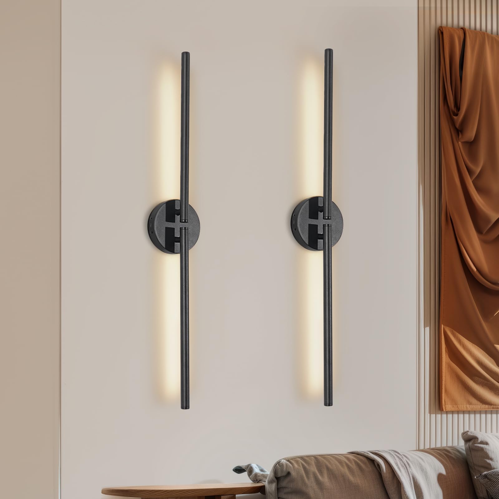 Rechargeable Wall Lights for Home Decor, Battery Operated Wall Lights 3 Color Temperature, Wall Lamp Dimmable Wireless with Remote Control Black 60CM for Living Room Bedroom Hallway, 2 Pack