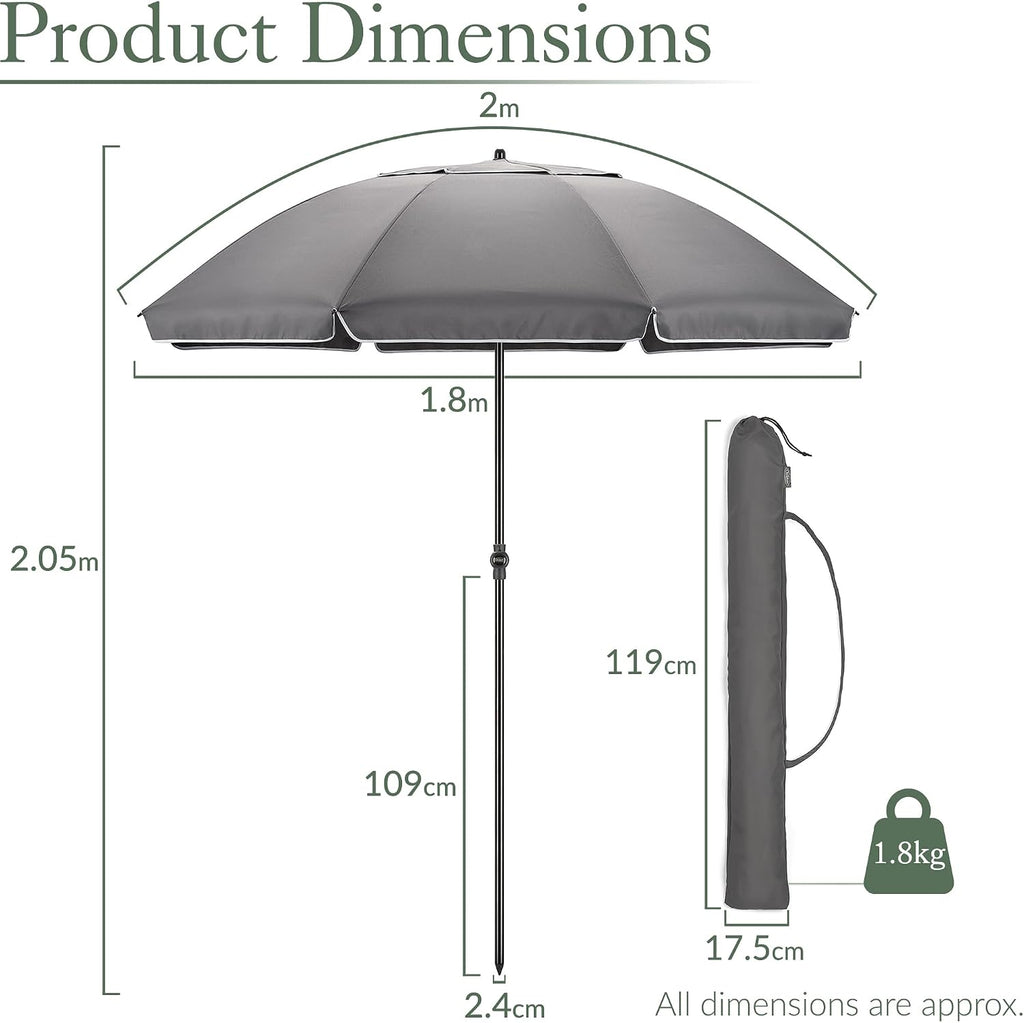 CHRISTOW Portable Beach Parasol Tilting Garden Sunshade Umbrella UV Resistant 2m