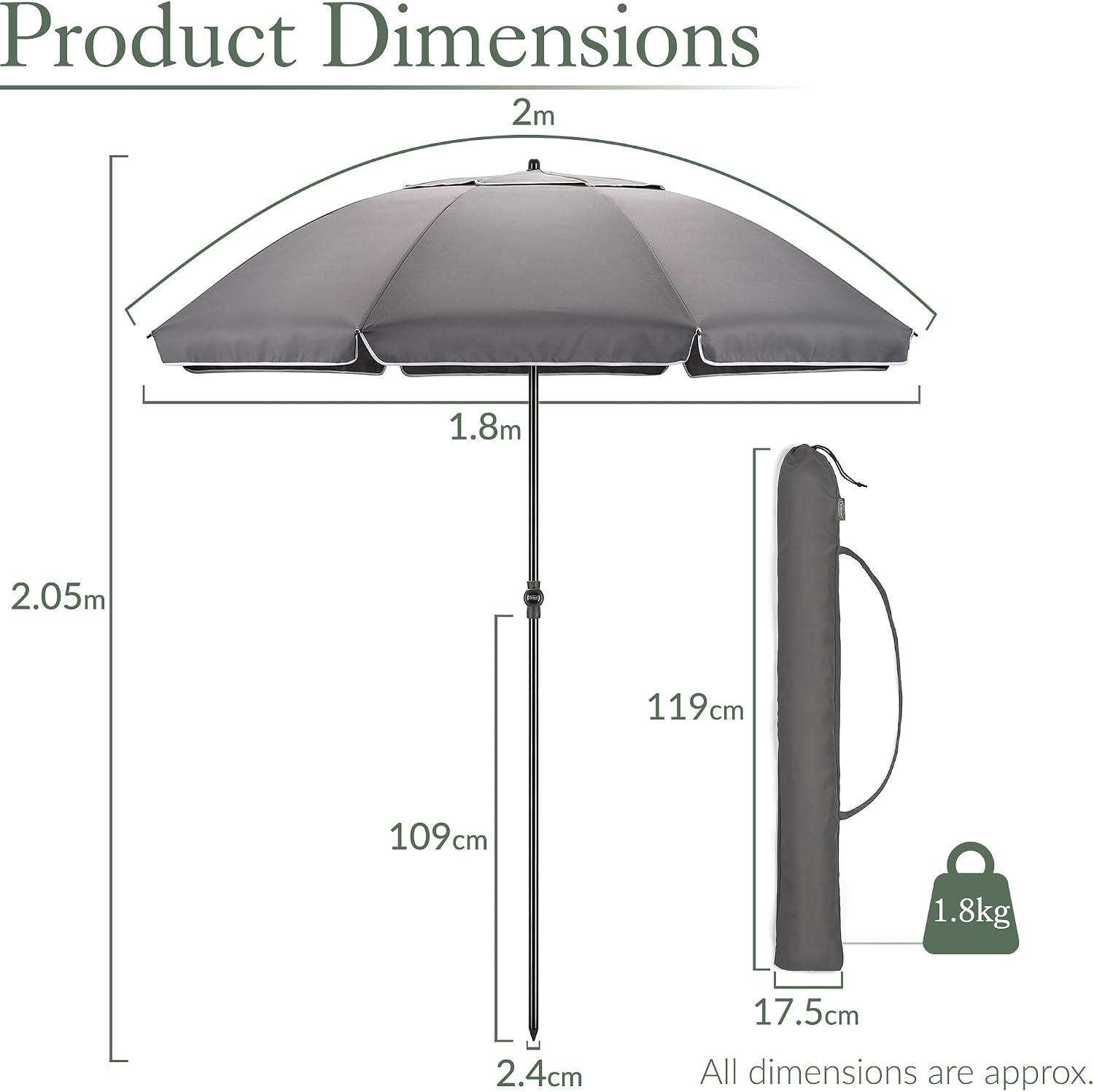 CHRISTOW Portable Beach Parasol Tilting Garden Sunshade Umbrella UV Resistant 2m
