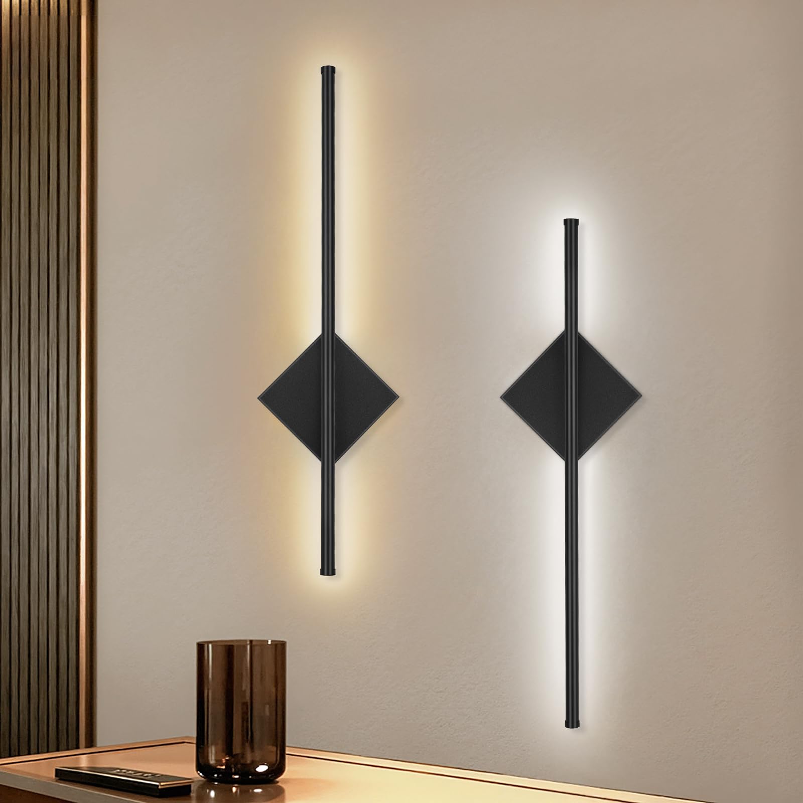 Rechargeable Wall Lights for Home Decor, Battery Operated Wall Lights 3 Color Temperature, Wall Lamp Dimmable Wireless with Remote Control Black 60CM for Living Room Bedroom Hallway, 2 Pack