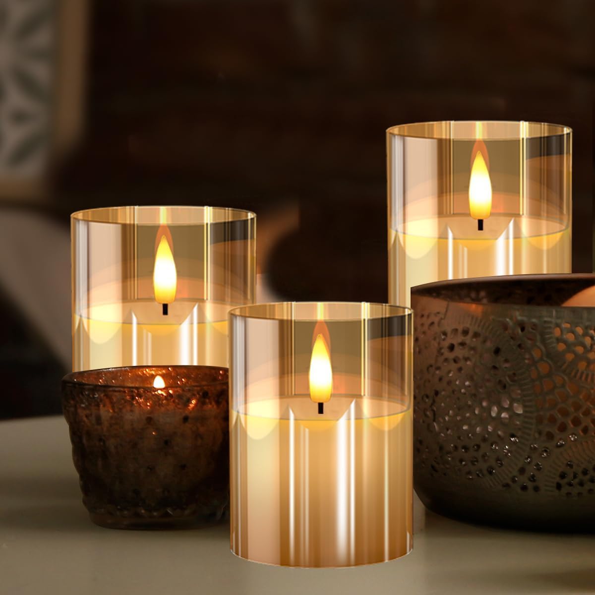 Glass Gold Real Wax LED Candles Flickering with Remote & Timer - Fake Candles Flickering Light, Battery Candles Set of 3, Festival, Room Decor, Home Decor