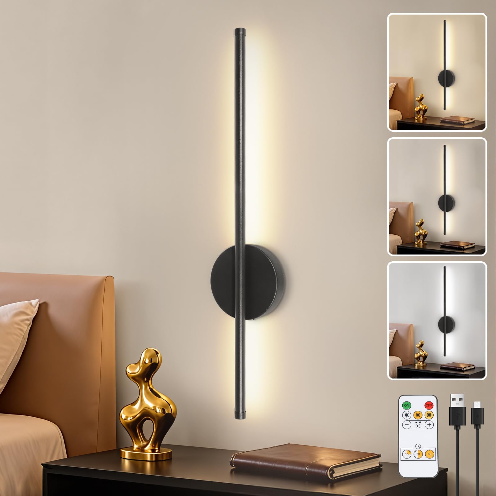 Rechargeable Wall Lights for Home Decor, Battery Operated Wall Lights 3 Color Temperature, Wall Lamp Dimmable Wireless with Remote Control Black 60CM for Living Room Bedroom Hallway, 2 Pack