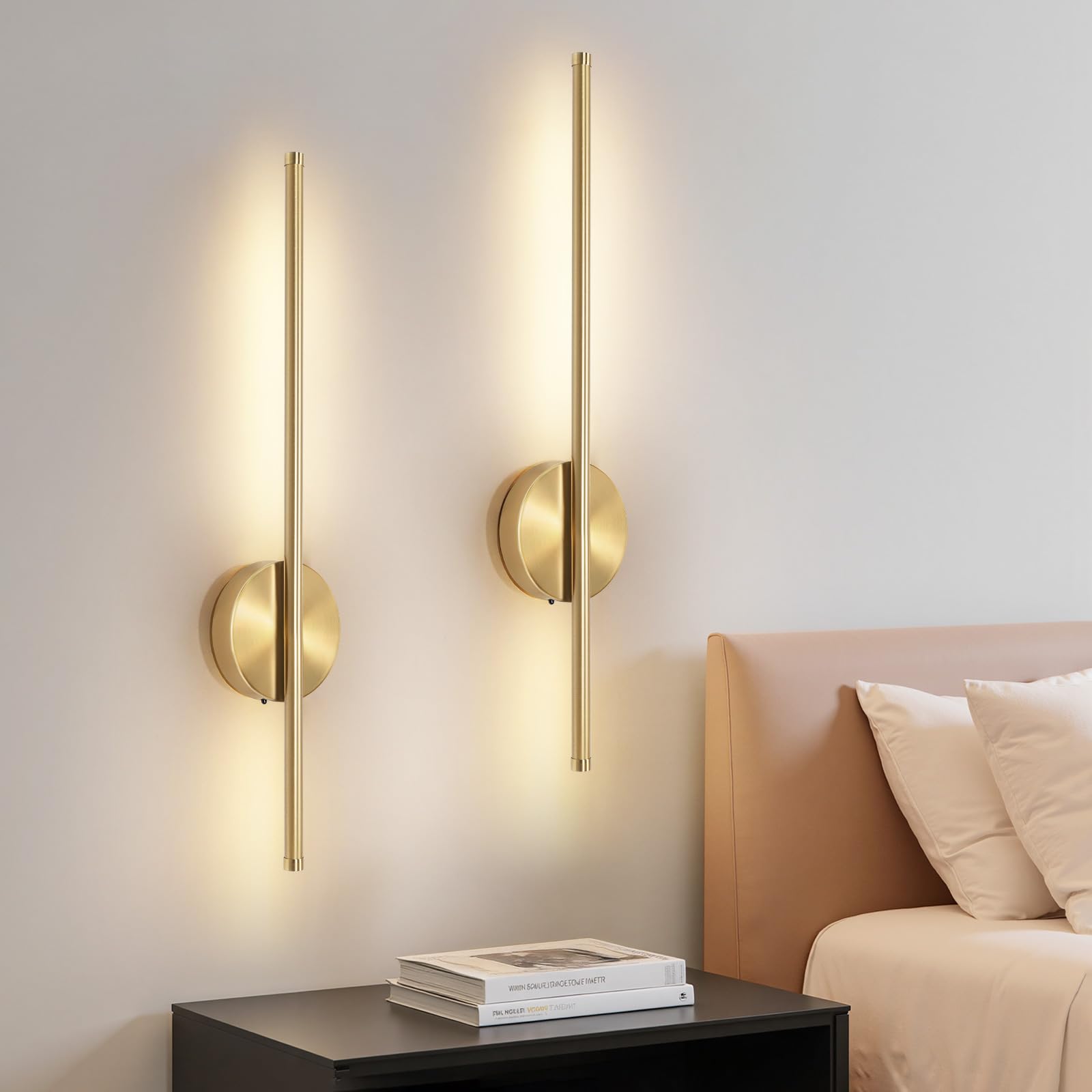 Rechargeable Wall Lights for Home Decor, Battery Operated Wall Lights 3 Color Temperature, Wall Lamp Dimmable Wireless with Remote Control Black 60CM for Living Room Bedroom Hallway, 2 Pack