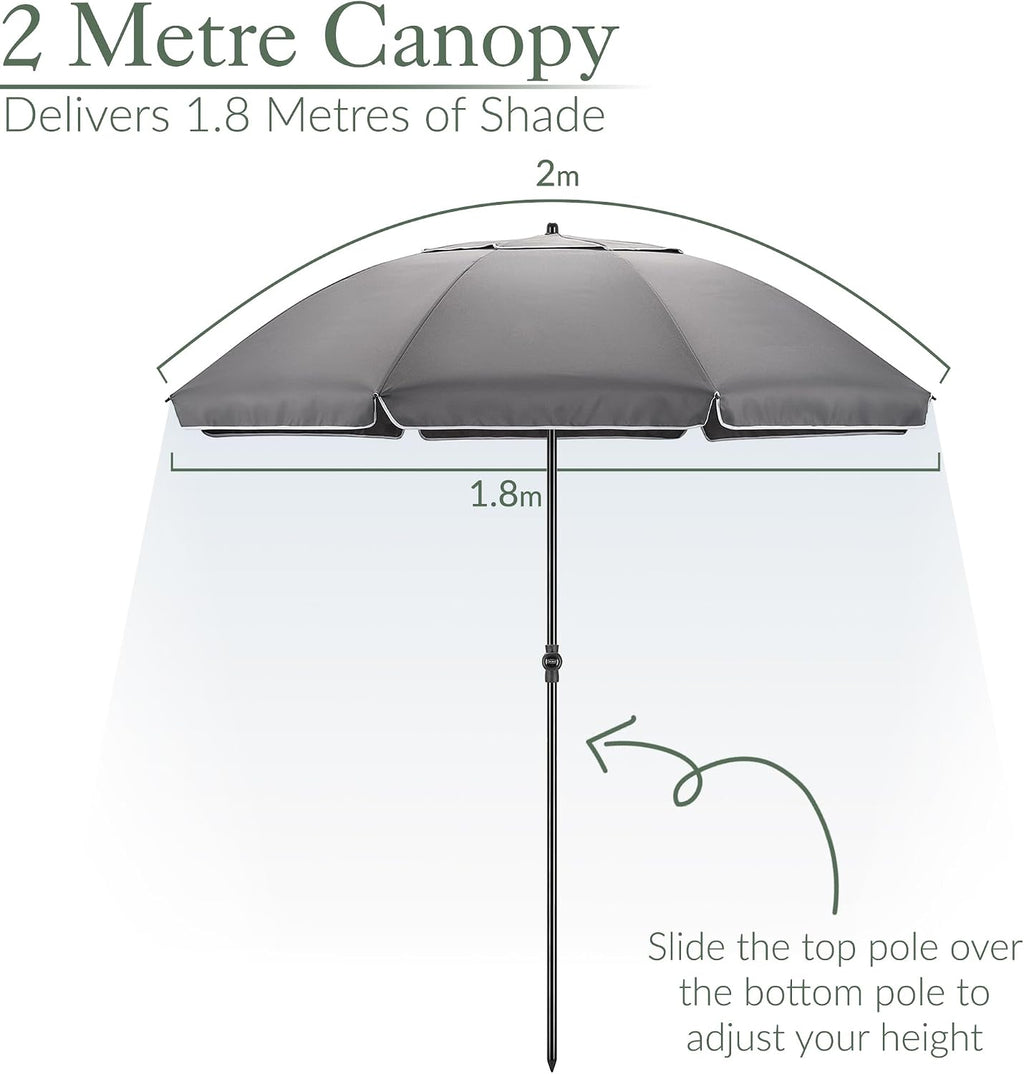CHRISTOW Portable Beach Parasol Tilting Garden Sunshade Umbrella UV Resistant 2m