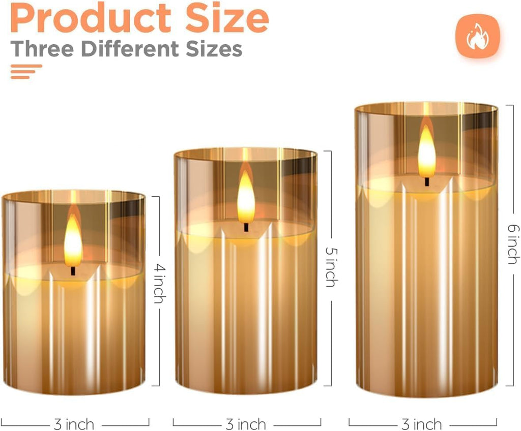 Glass Gold Real Wax LED Candles Flickering with Remote & Timer - Fake Candles Flickering Light, Battery Candles Set of 3, Festival, Room Decor, Home Decor