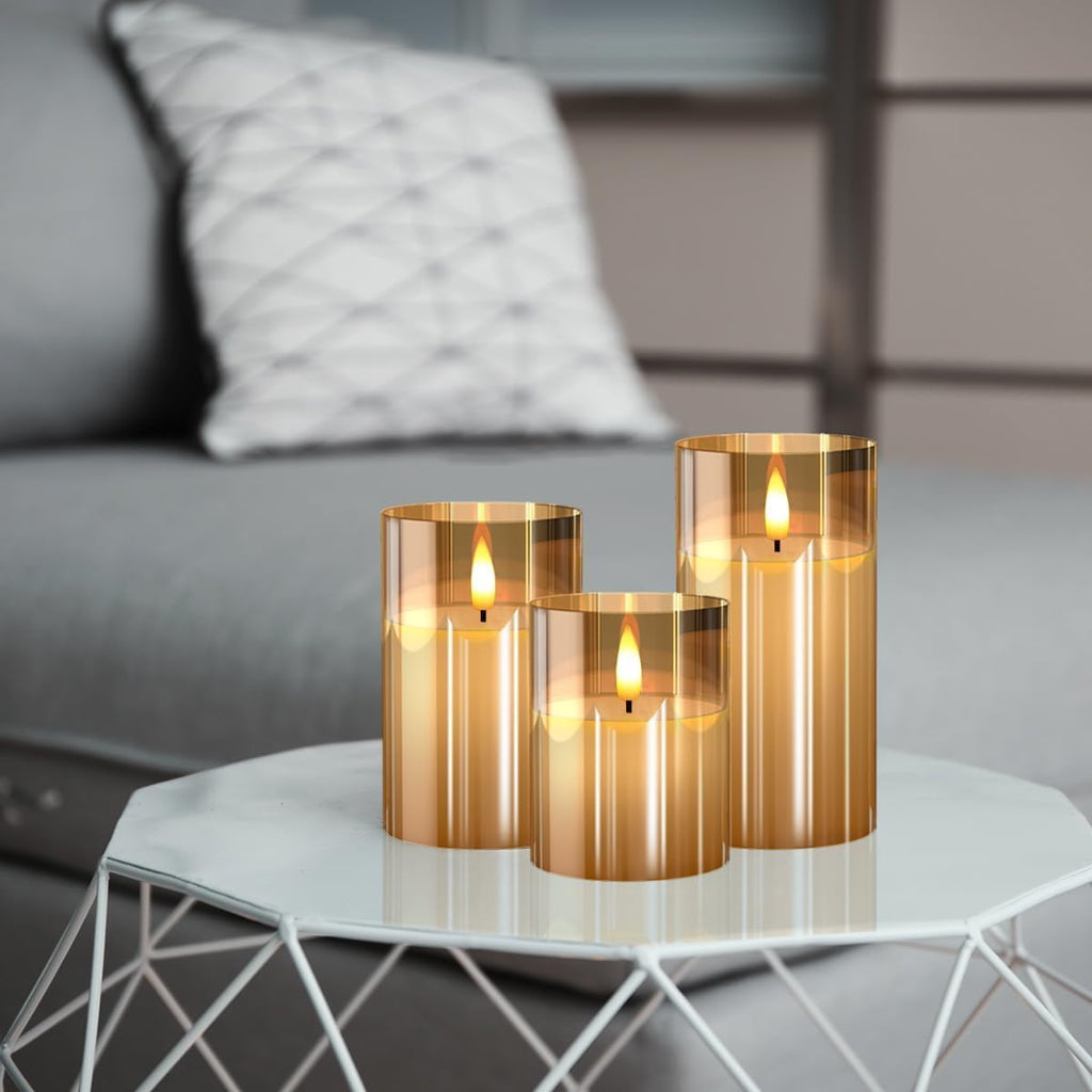 Glass Gold Real Wax LED Candles Flickering with Remote & Timer - Fake Candles Flickering Light, Battery Candles Set of 3, Festival, Room Decor, Home Decor