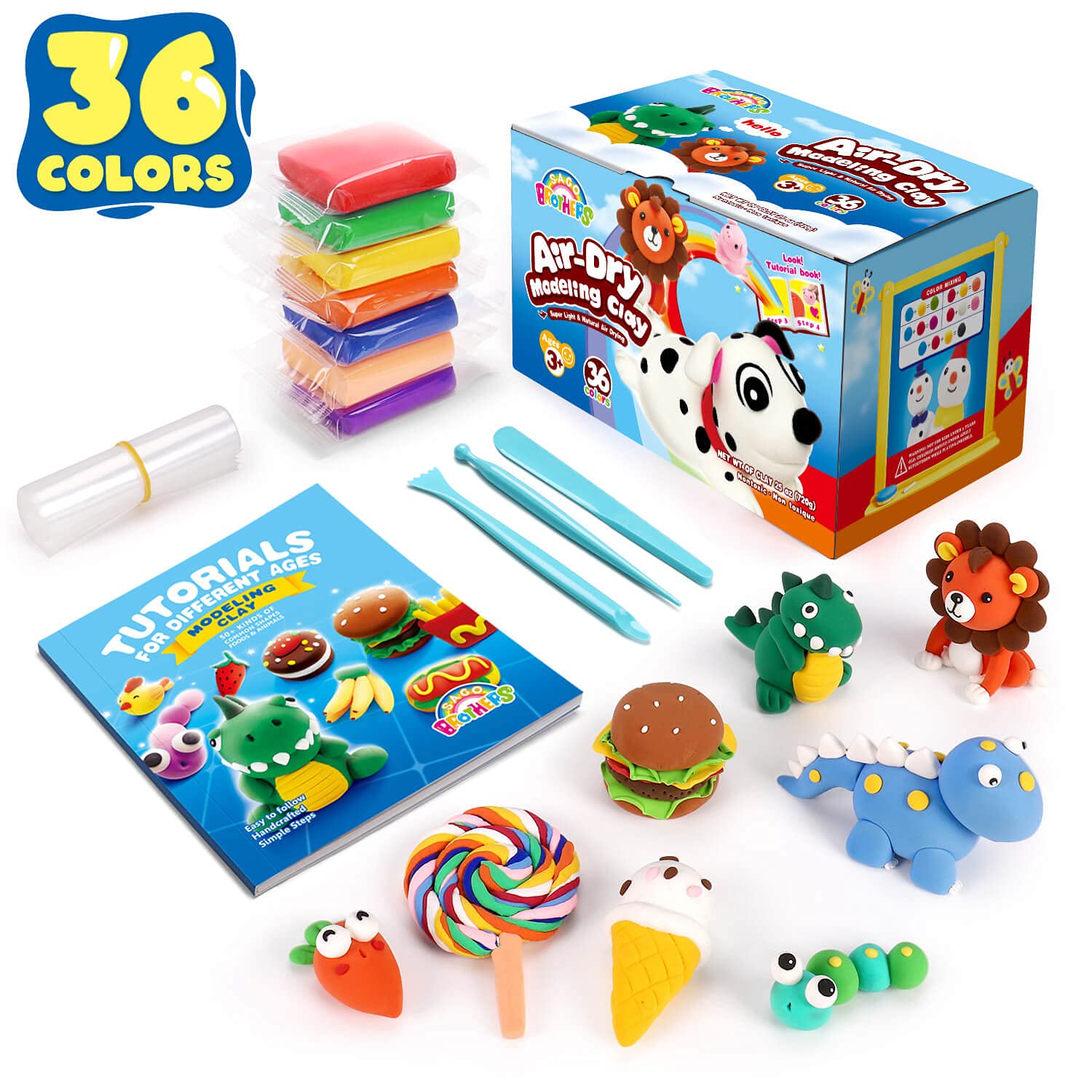 SAGO BROTHERS Air Dry Clay, 24 Colors Modelling Clay with 3 Tools & Booklet