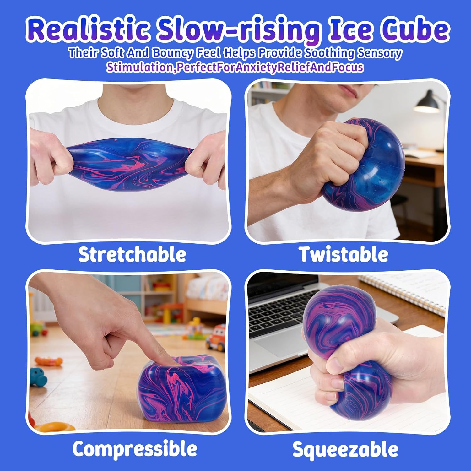Flow Ice Cube Plus Squeeze Toys, Thickened Soft Squishy Fidget Toy with Smooth Ripple Texture, Durable Stress Squeeze Toy for Repetitive Sensory Play(2.76in)(Blue)