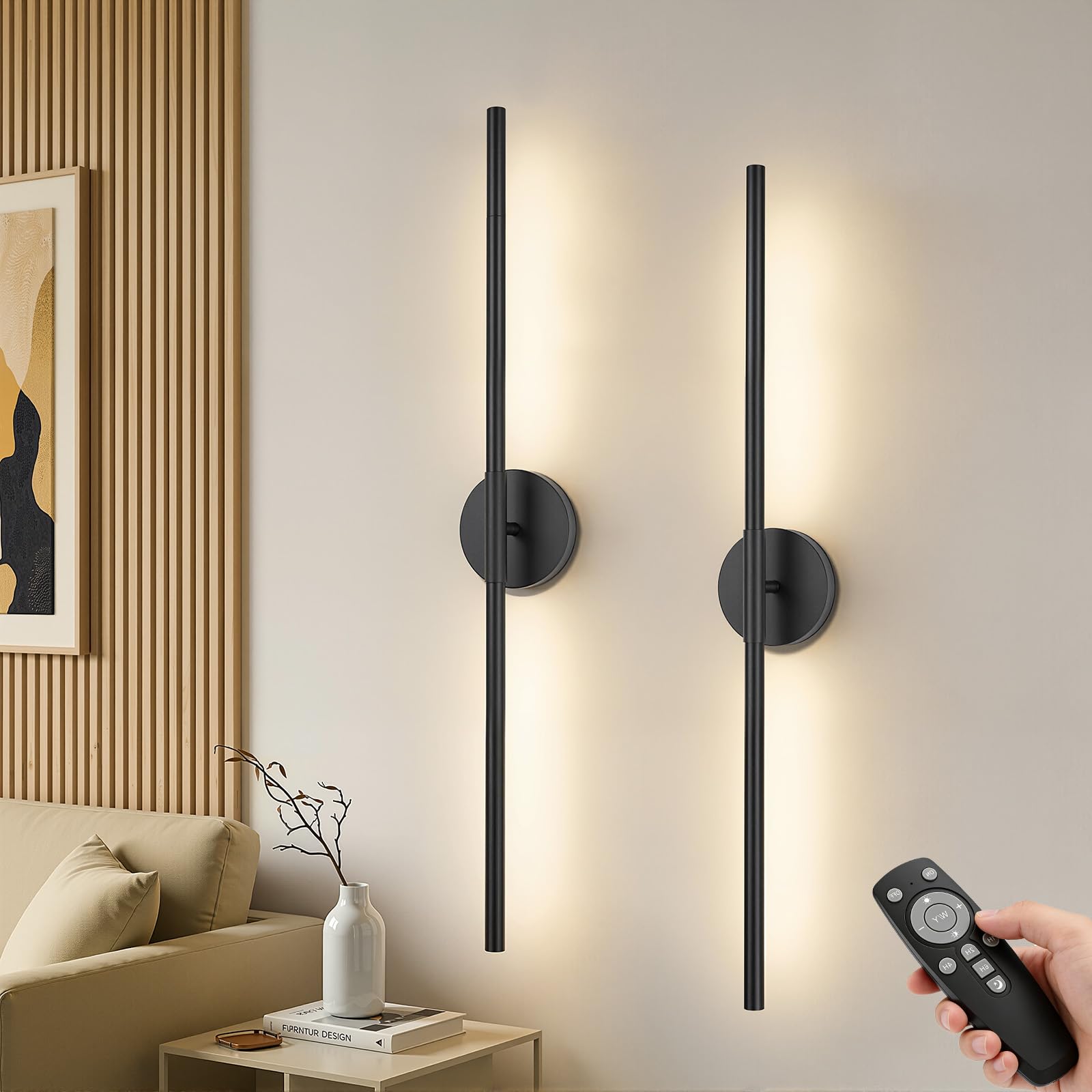 Rechargeable Wall Lights for Home Decor, Battery Operated Wall Lights 3 Color Temperature, Wall Lamp Dimmable Wireless with Remote Control Black 60CM for Living Room Bedroom Hallway, 2 Pack