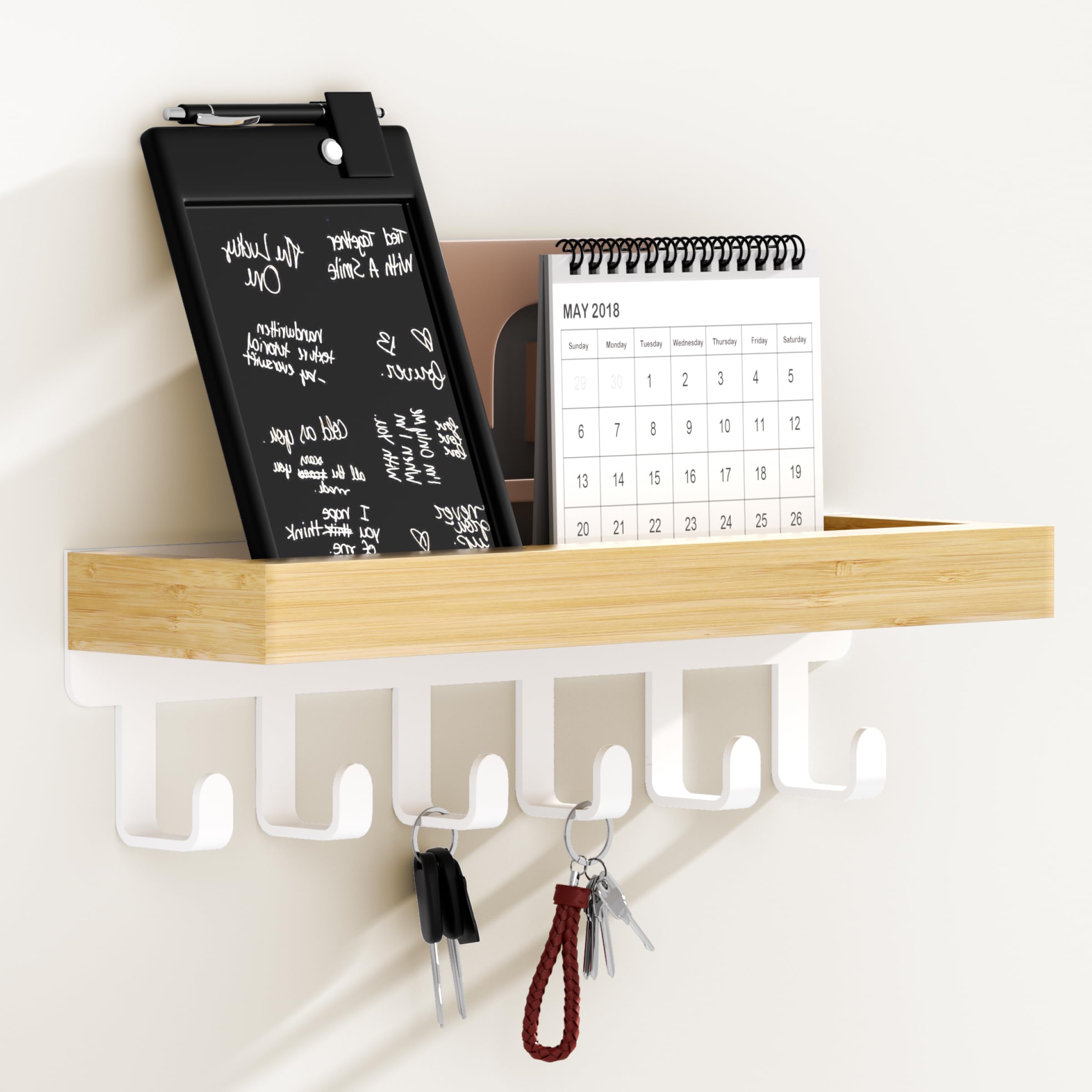 SWTYMIKI Key Holder with Wood Tray and 6 Hooks, Wall Mounted Key Racks, Key Hangers Home Decor Key Rack Mail Organizer for Hallway, Entryway, Bedroom, Mudroom, Office