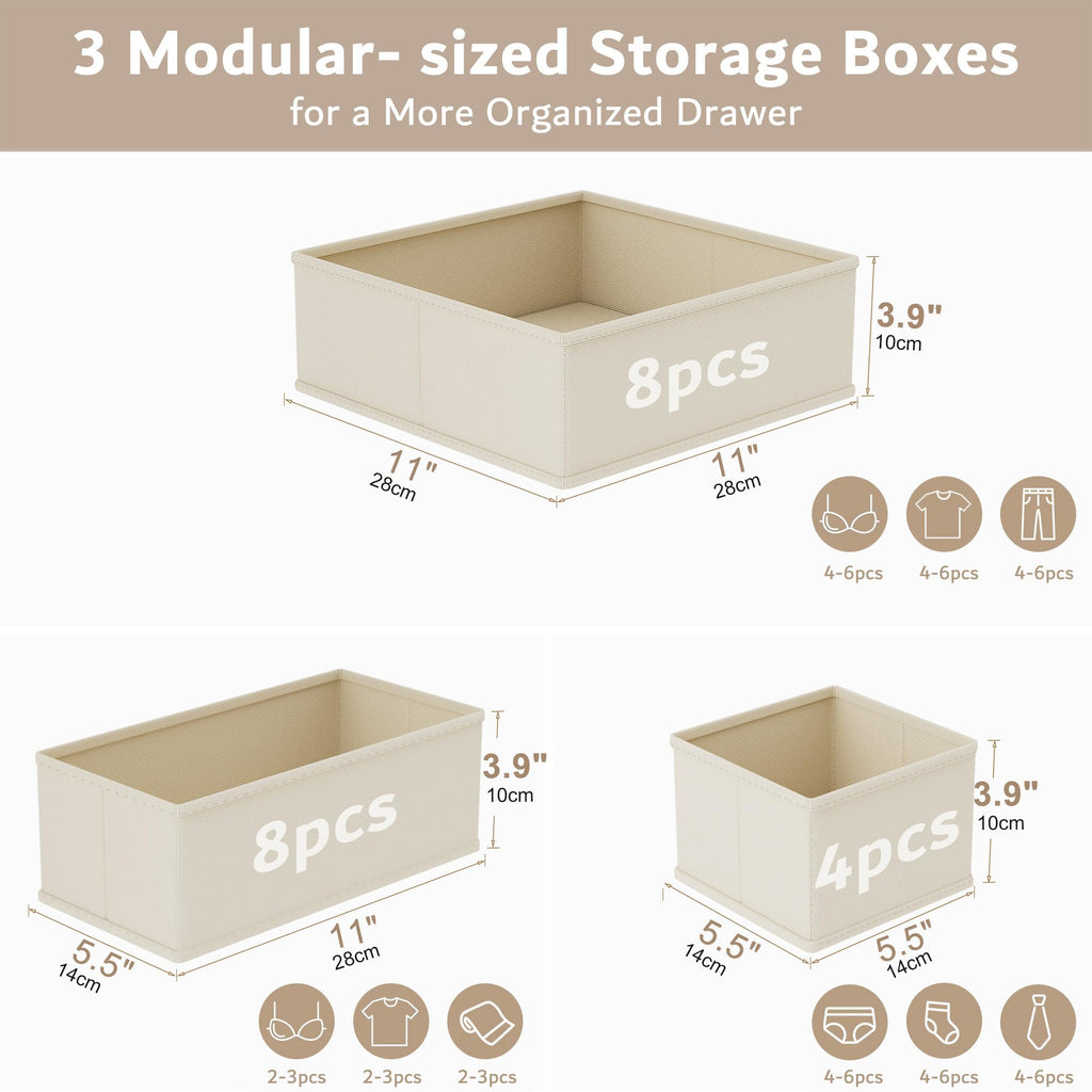 XIVIRACK 10 Pack Drawer Organizer for Clothes, Underwear Drawer Organizer Bins, Foldable Fabric Closet Storage Organizers, Drawer Dividers for Bras Undies Socks Ties, Beige