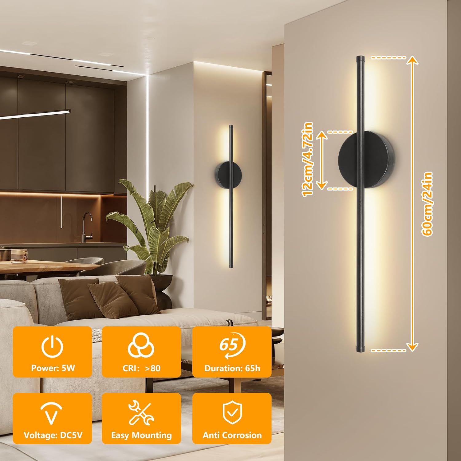 Rechargeable Wall Lights for Home Decor, Battery Operated Wall Lights 3 Color Temperature, Wall Lamp Dimmable Wireless with Remote Control Black 60CM for Living Room Bedroom Hallway, 2 Pack
