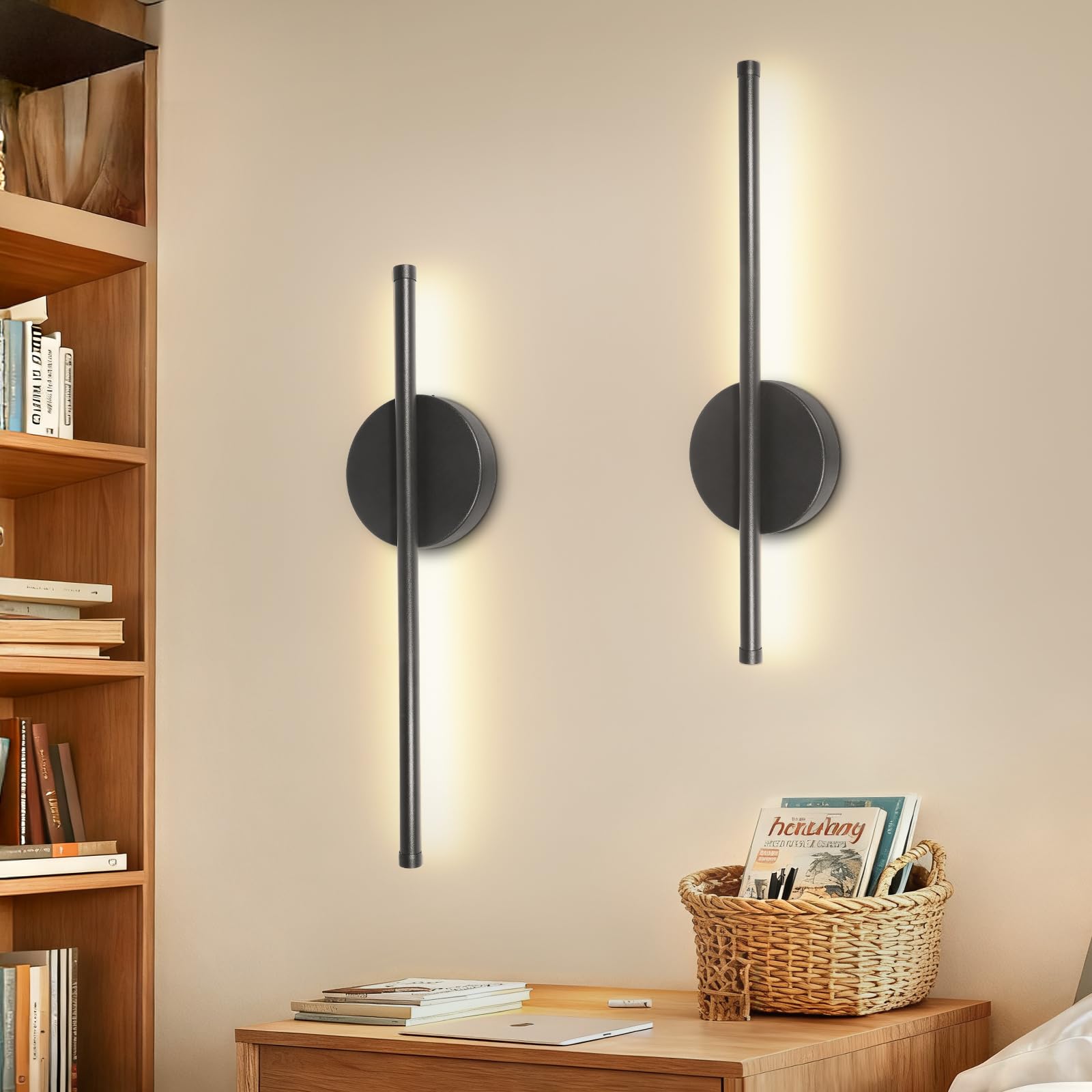 Rechargeable Wall Lights for Home Decor, Battery Operated Wall Lights 3 Color Temperature, Wall Lamp Dimmable Wireless with Remote Control Black 60CM for Living Room Bedroom Hallway, 2 Pack