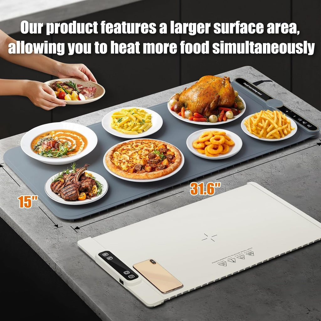 Extra Large Food Warming Mat, Heated Mat with 9 Temp Settings & 6H Timer, 8s Fast Heat, Child Lock & Waterproof, Foldable Silicone Warming Tray for Gatherings, Parties,Home (38x80cm)