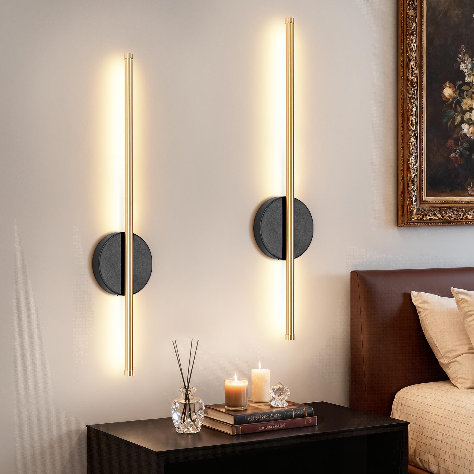 Rechargeable Wall Lights for Home Decor, Battery Operated Wall Lights 3 Color Temperature, Wall Lamp Dimmable Wireless with Remote Control Black 60CM for Living Room Bedroom Hallway, 2 Pack