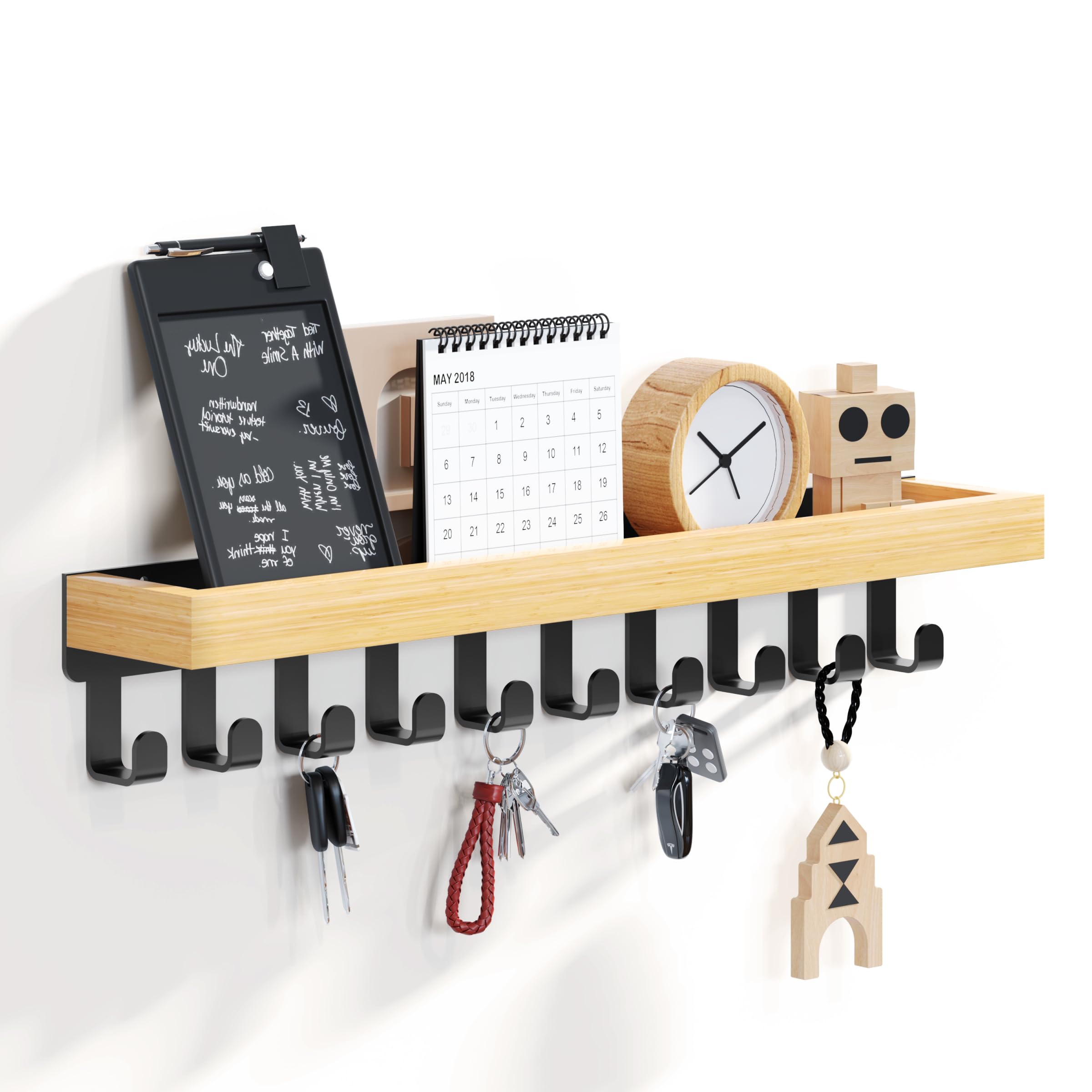 SWTYMIKI Key Holder with Wood Tray and 6 Hooks, Wall Mounted Key Racks, Key Hangers Home Decor Key Rack Mail Organizer for Hallway, Entryway, Bedroom, Mudroom, Office