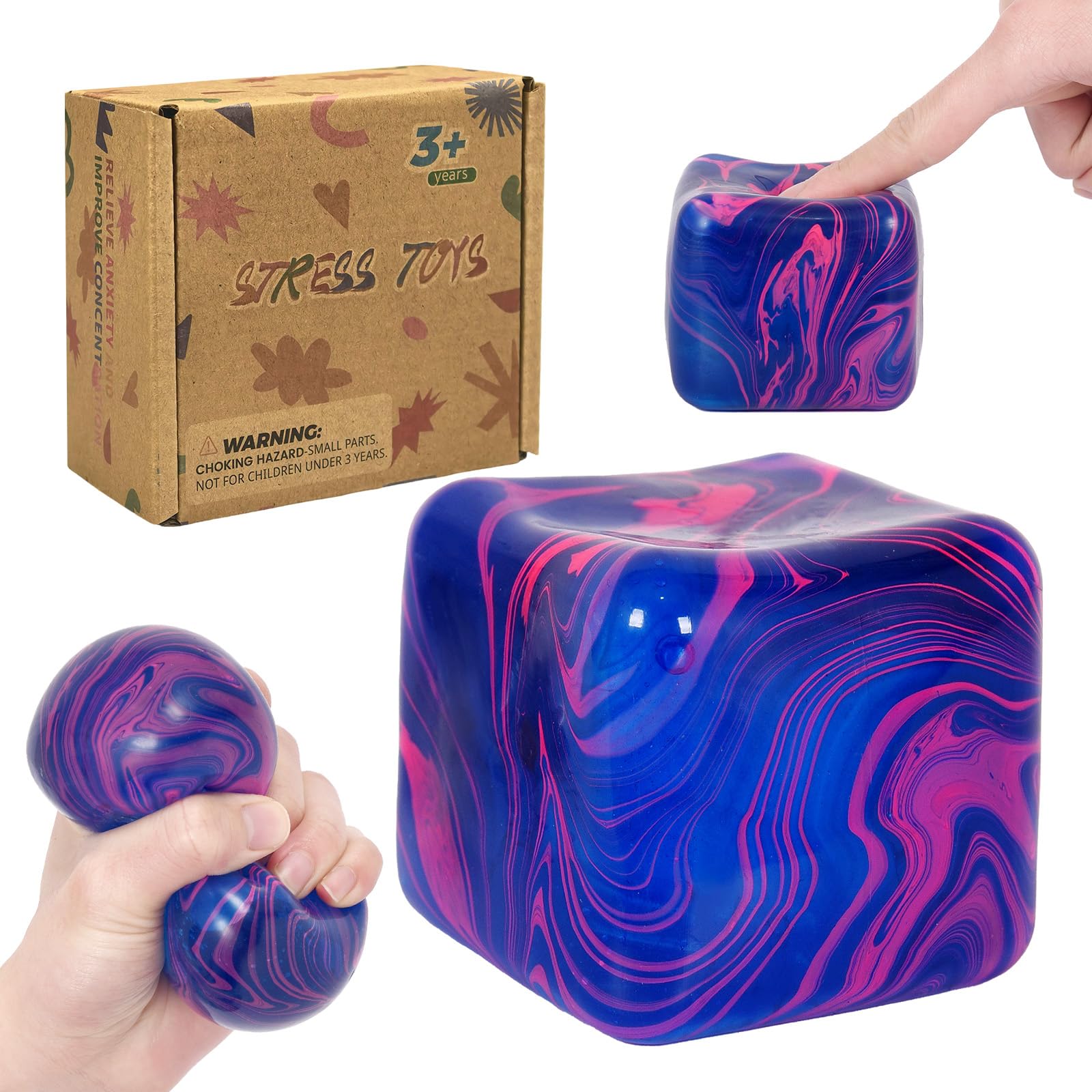 Flow Ice Cube Plus Squeeze Toys, Thickened Soft Squishy Fidget Toy with Smooth Ripple Texture, Durable Stress Squeeze Toy for Repetitive Sensory Play(2.76in)(Blue)