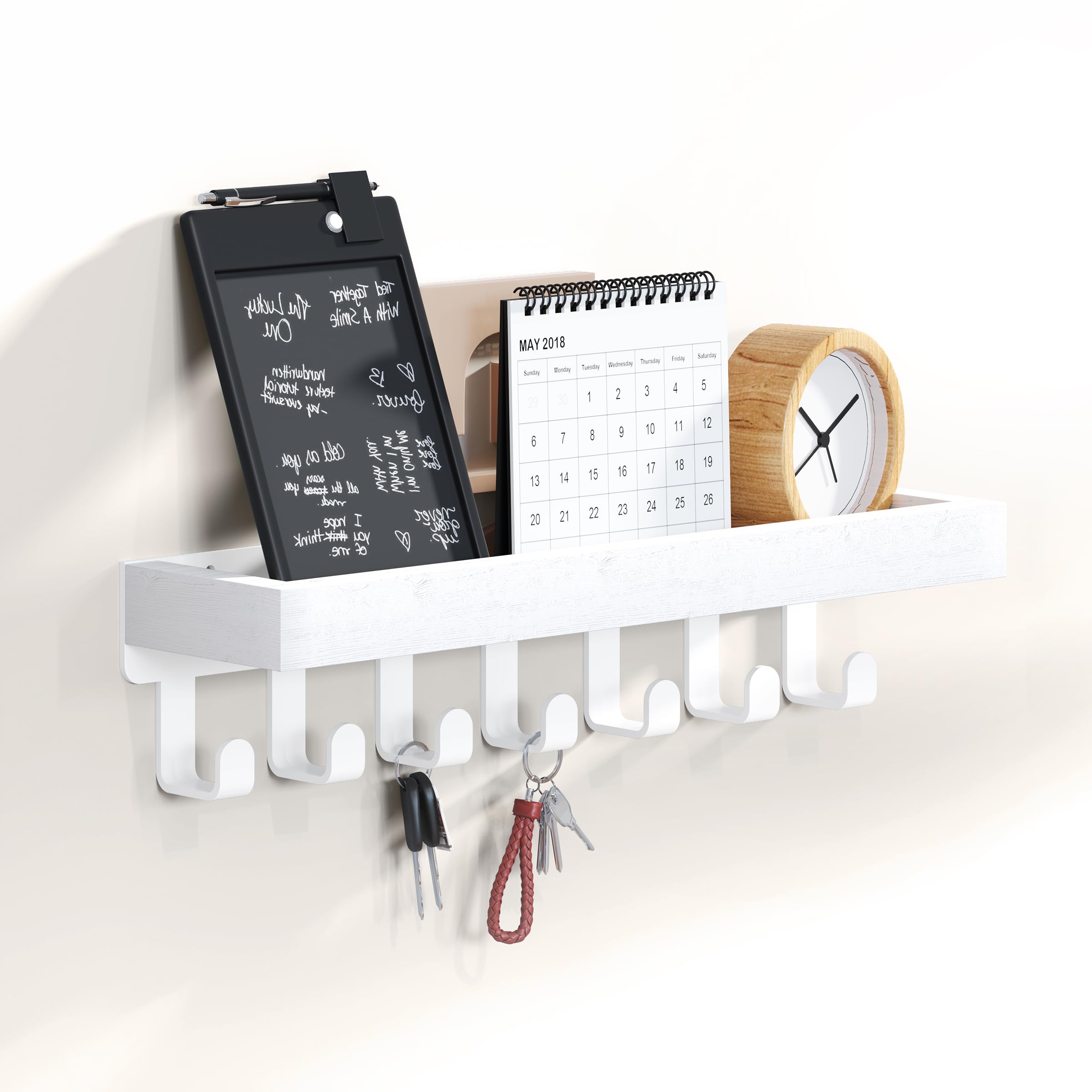SWTYMIKI Key Holder with Wood Tray and 6 Hooks, Wall Mounted Key Racks, Key Hangers Home Decor Key Rack Mail Organizer for Hallway, Entryway, Bedroom, Mudroom, Office