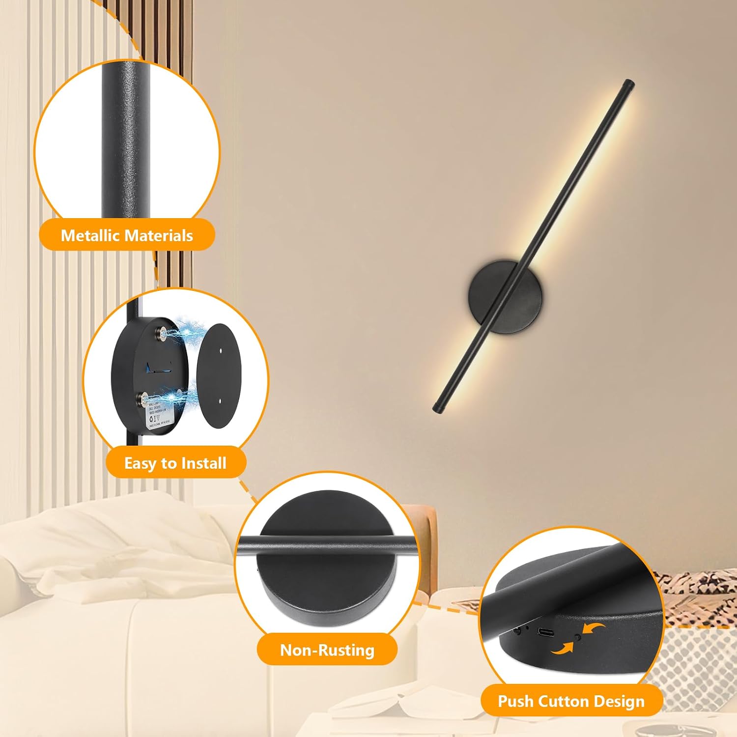 Rechargeable Wall Lights for Home Decor, Battery Operated Wall Lights 3 Color Temperature, Wall Lamp Dimmable Wireless with Remote Control Black 60CM for Living Room Bedroom Hallway, 2 Pack