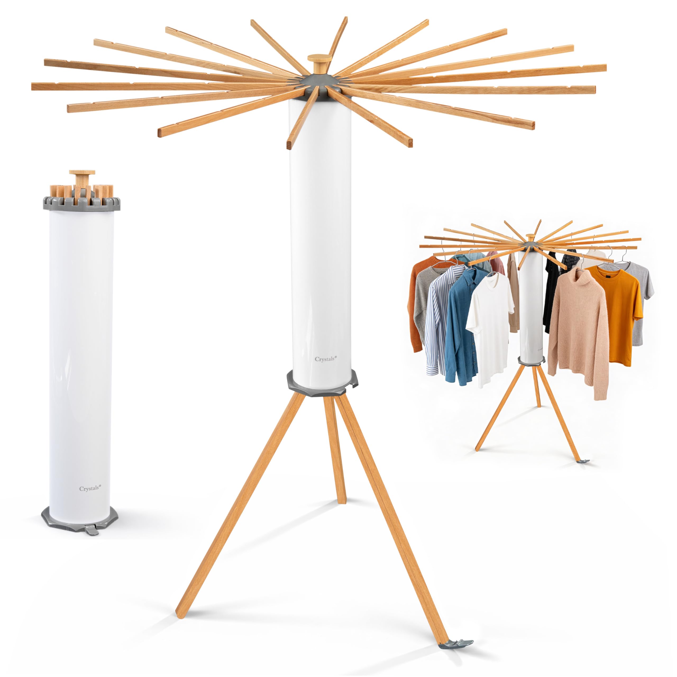 Crystals Octopus Clothes Drying Rack Airer – Portable Cloth Airer 16 Arm Wooden Collapsible Pole Tripod Laundry Dryer Horse Stand, Floor Standing Foldable Clothes Hanger for Home Use_Grey