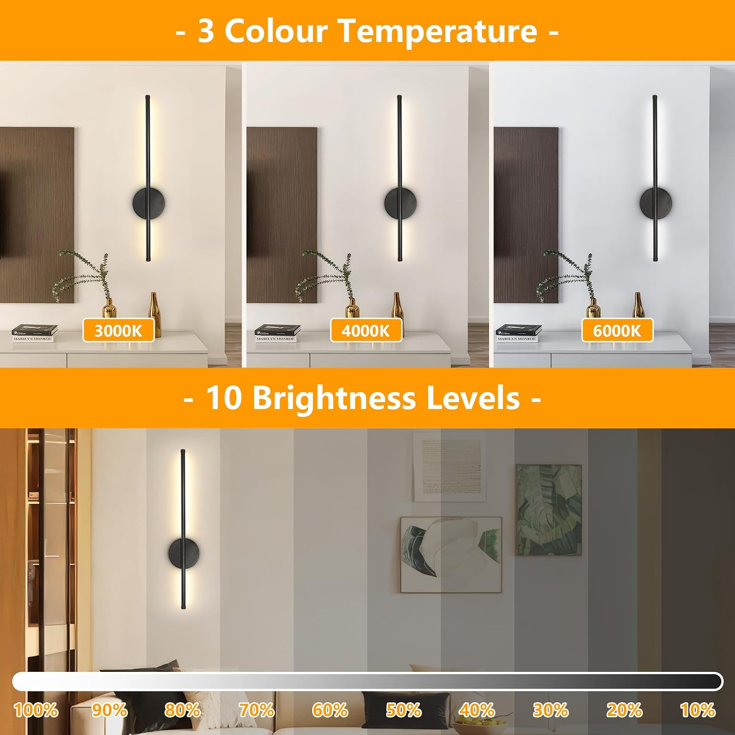 Rechargeable Wall Lights for Home Decor, Battery Operated Wall Lights 3 Color Temperature, Wall Lamp Dimmable Wireless with Remote Control Black 60CM for Living Room Bedroom Hallway, 2 Pack
