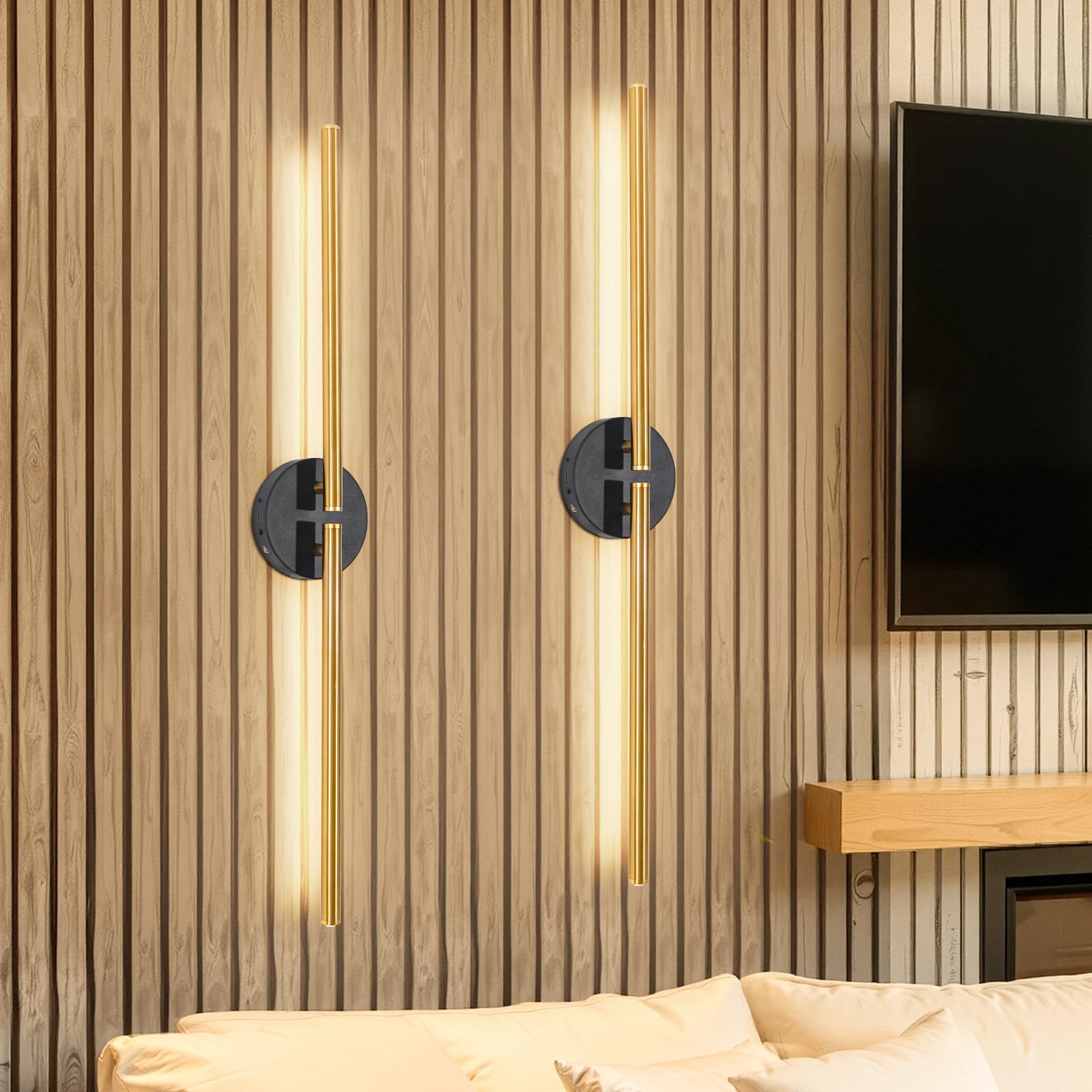 Rechargeable Wall Lights for Home Decor, Battery Operated Wall Lights 3 Color Temperature, Wall Lamp Dimmable Wireless with Remote Control Black 60CM for Living Room Bedroom Hallway, 2 Pack