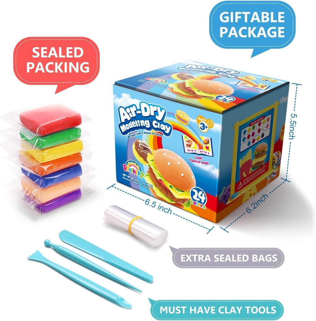 SAGO BROTHERS Air Dry Clay, 24 Colors Modelling Clay with 3 Tools & Booklet