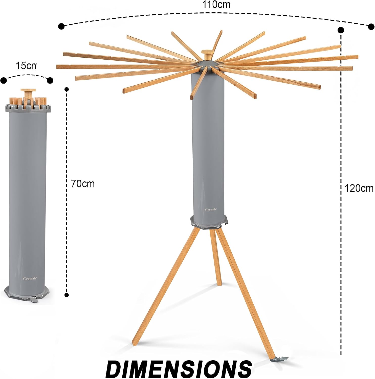Crystals Octopus Clothes Drying Rack Airer – Portable Cloth Airer 16 Arm Wooden Collapsible Pole Tripod Laundry Dryer Horse Stand, Floor Standing Foldable Clothes Hanger for Home Use_Grey