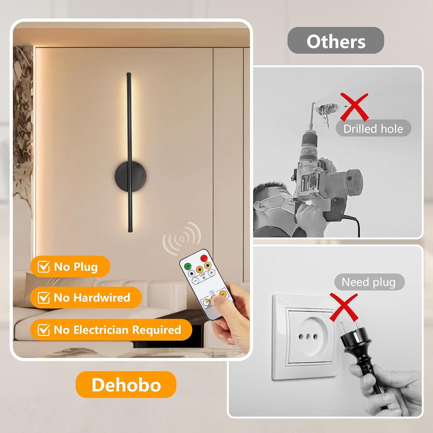 Rechargeable Wall Lights for Home Decor, Battery Operated Wall Lights 3 Color Temperature, Wall Lamp Dimmable Wireless with Remote Control Black 60CM for Living Room Bedroom Hallway, 2 Pack