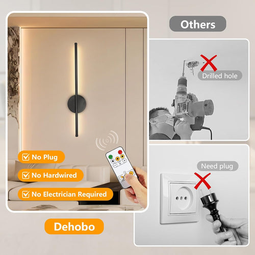 Rechargeable Wall Lights for Home Decor, Battery Operated Wall Lights 3 Color Temperature, Wall Lamp Dimmable Wireless with Remote Control Black 60CM for Living Room Bedroom Hallway, 2 Pack