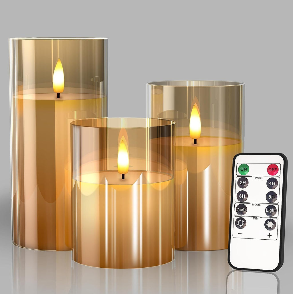 Glass Gold Real Wax LED Candles Flickering with Remote & Timer - Fake Candles Flickering Light, Battery Candles Set of 3, Festival, Room Decor, Home Decor