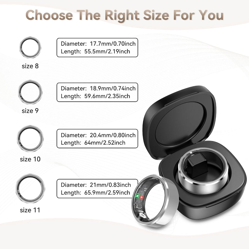 Smart Ring for Women,Fitness & Activity Tracker with Blood Pressure/Heart Rate Monitor, Sleep Tracker, Step Counter, IP68 Waterproof Ring for iOS&Android,Fast Charge,No Subscription (Silver,Size9）