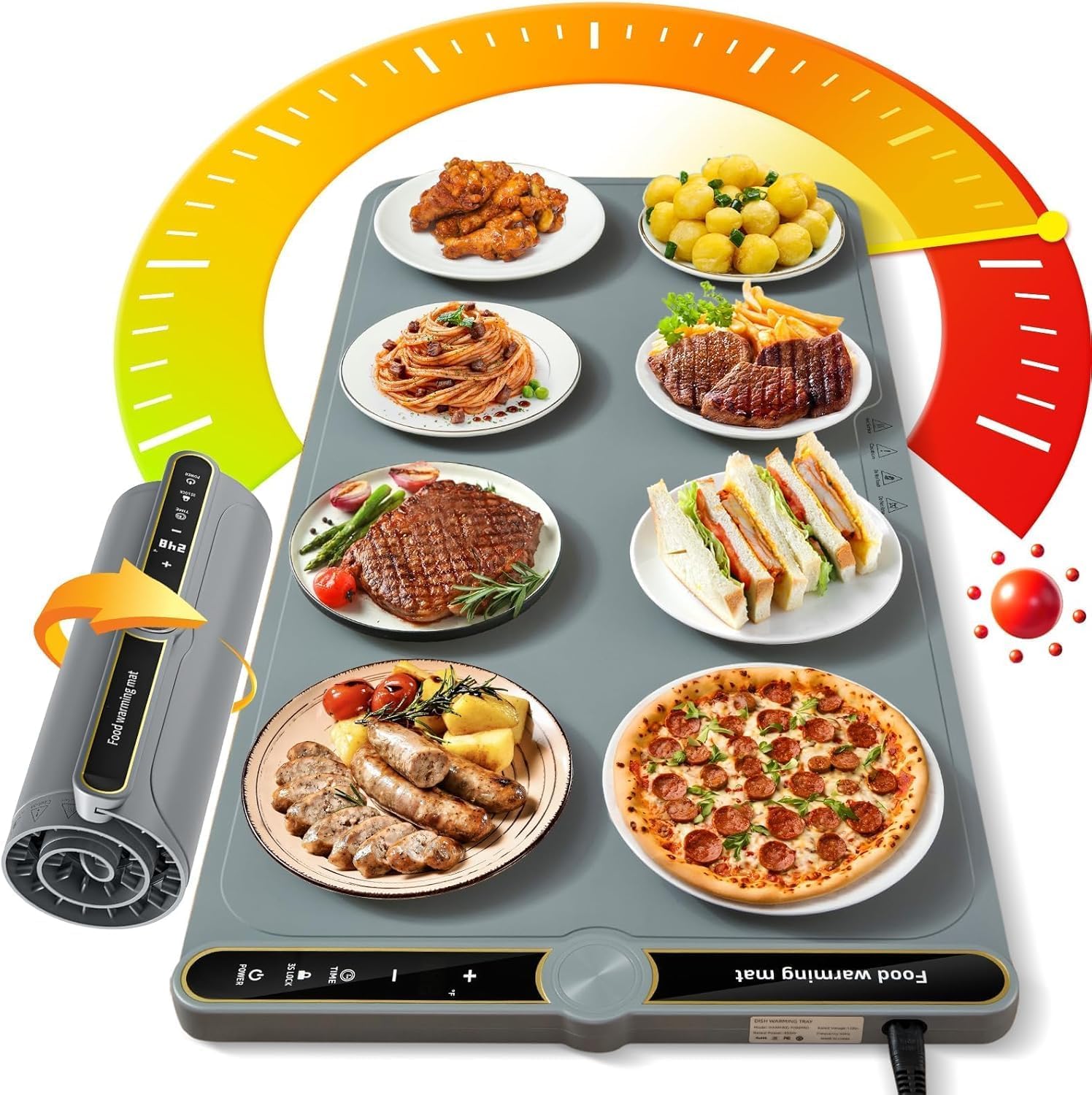 Extra Large Food Warming Mat, Heated Mat with 9 Temp Settings & 6H Timer, 8s Fast Heat, Child Lock & Waterproof, Foldable Silicone Warming Tray for Gatherings, Parties,Home (38x80cm)