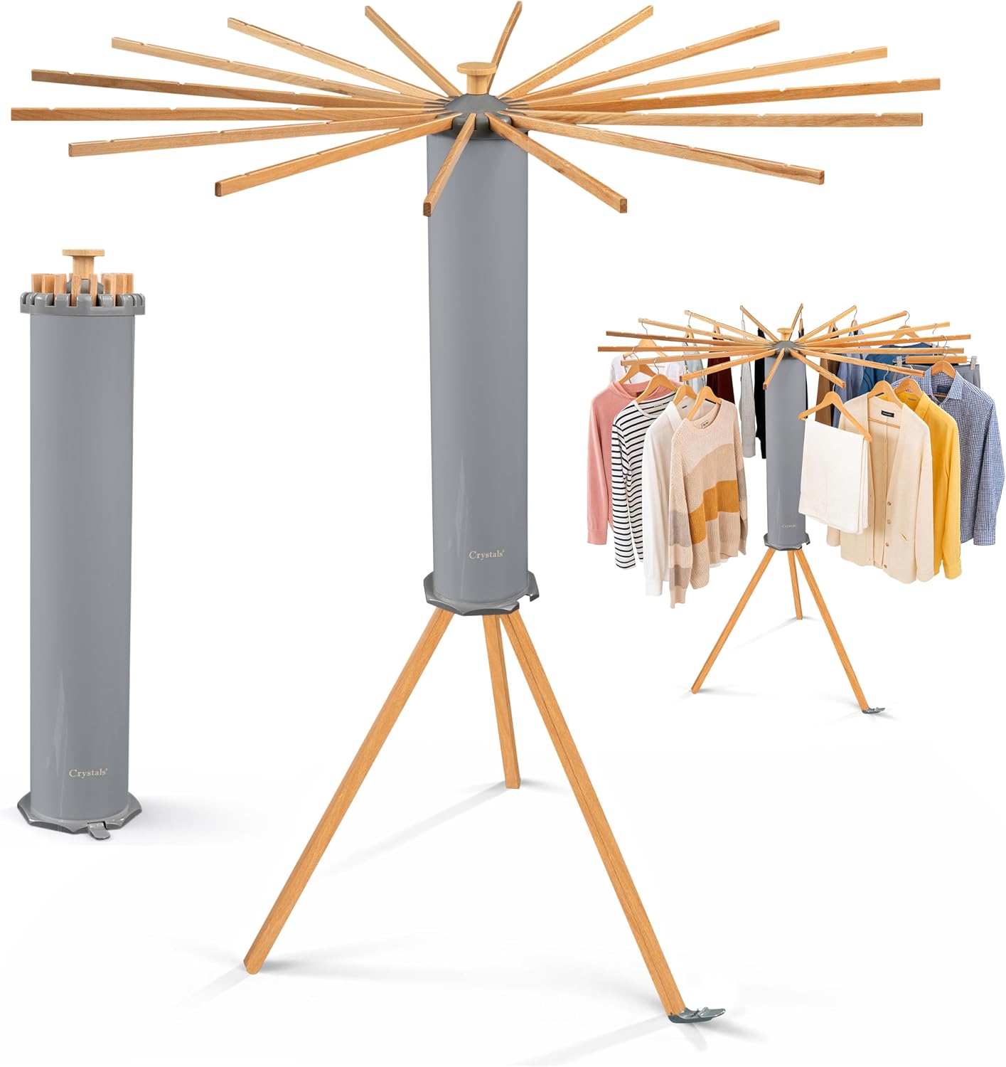 Crystals Octopus Clothes Drying Rack Airer – Portable Cloth Airer 16 Arm Wooden Collapsible Pole Tripod Laundry Dryer Horse Stand, Floor Standing Foldable Clothes Hanger for Home Use_Grey