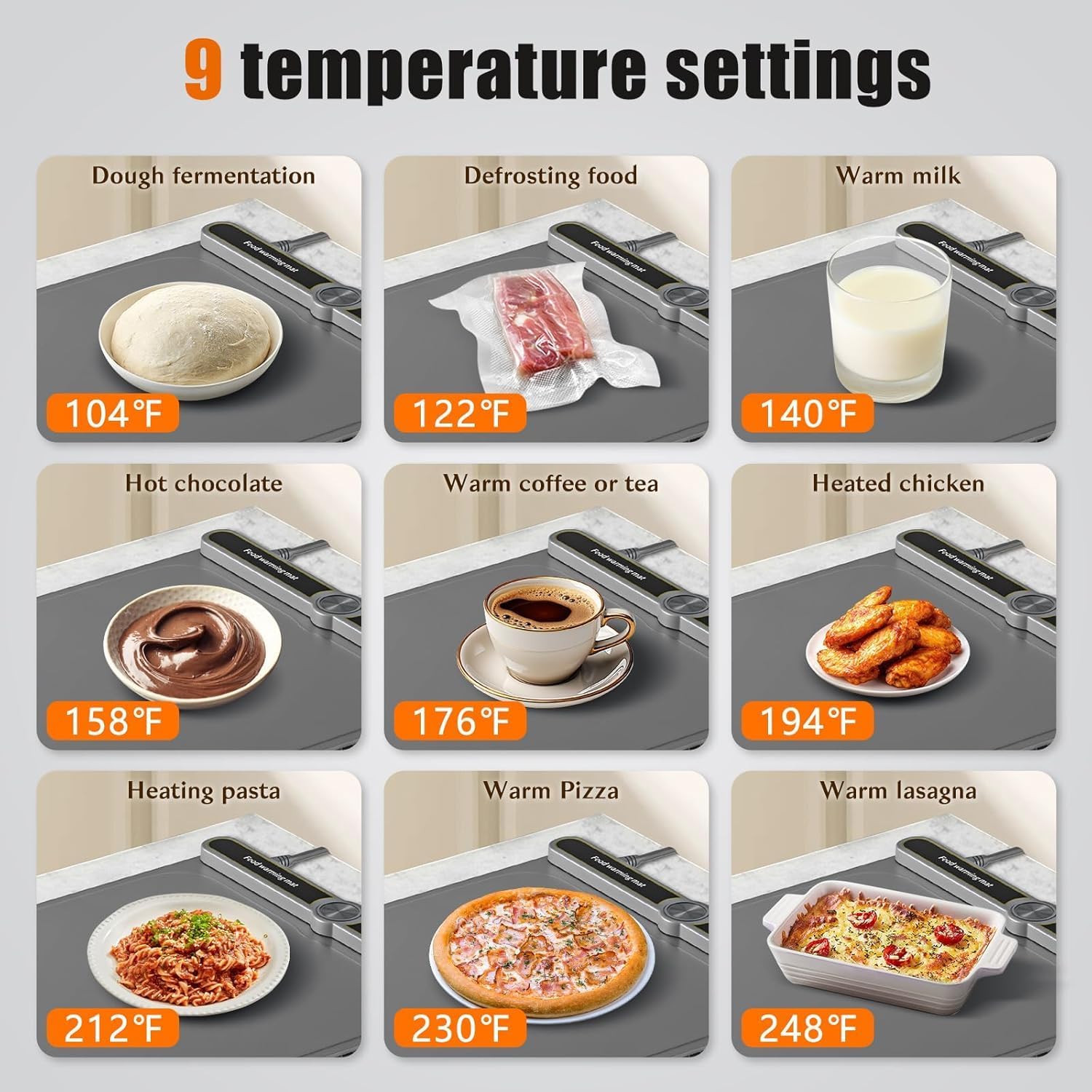Extra Large Food Warming Mat, Heated Mat with 9 Temp Settings & 6H Timer, 8s Fast Heat, Child Lock & Waterproof, Foldable Silicone Warming Tray for Gatherings, Parties,Home (38x80cm)