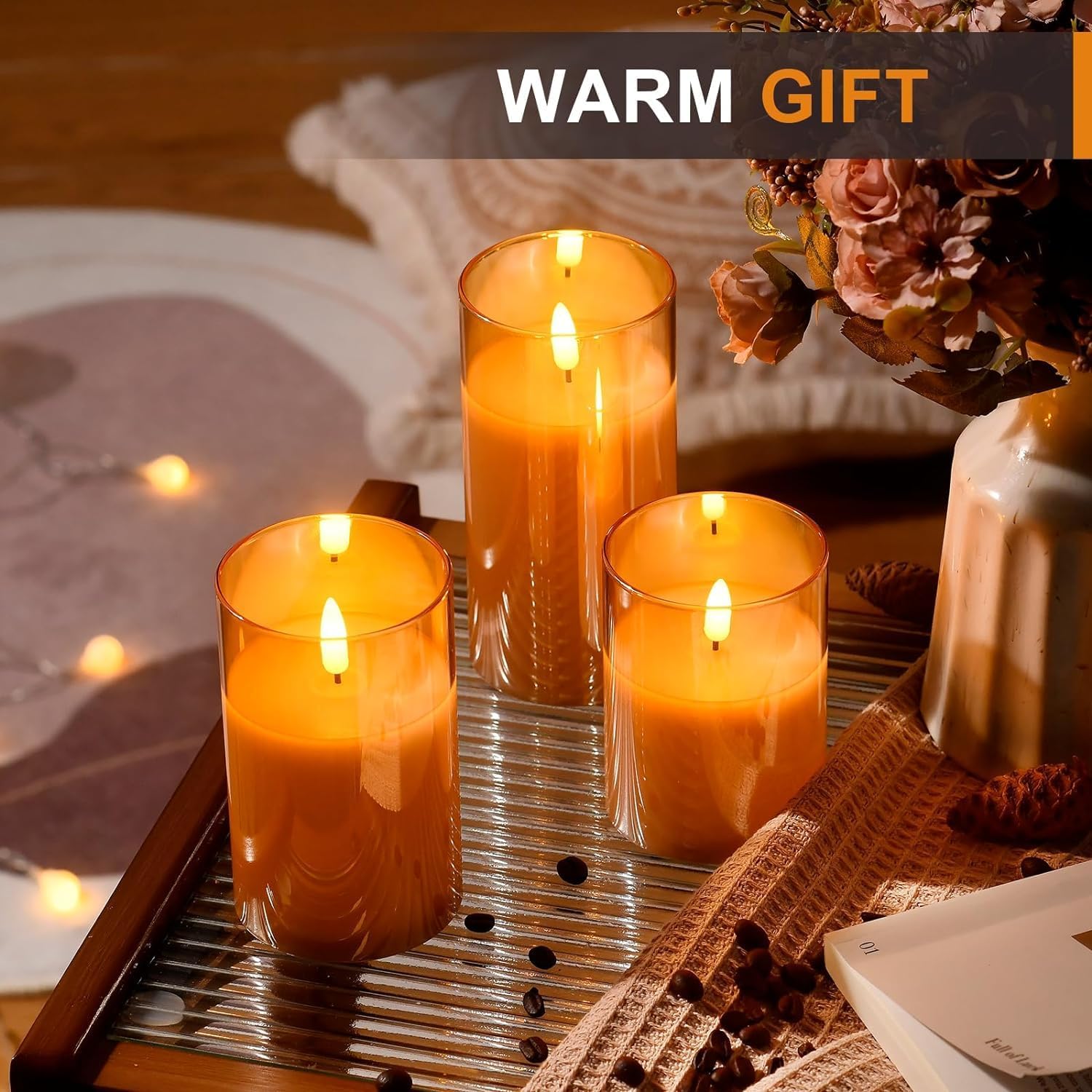 Glass Gold Real Wax LED Candles Flickering with Remote & Timer - Fake Candles Flickering Light, Battery Candles Set of 3, Festival, Room Decor, Home Decor