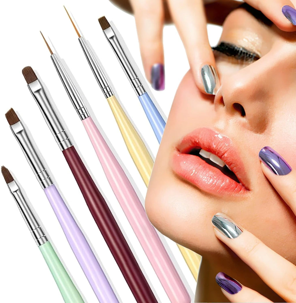 6 PCS Nail Art Brushes, Nail Design Painting Brush Set with Nail Polish Brush, Nail Liner Brush, Nail Extension Gel Brush, Builder Nail Gel Brush, and Multi-Size Dotting Pens for DIY Nail Art