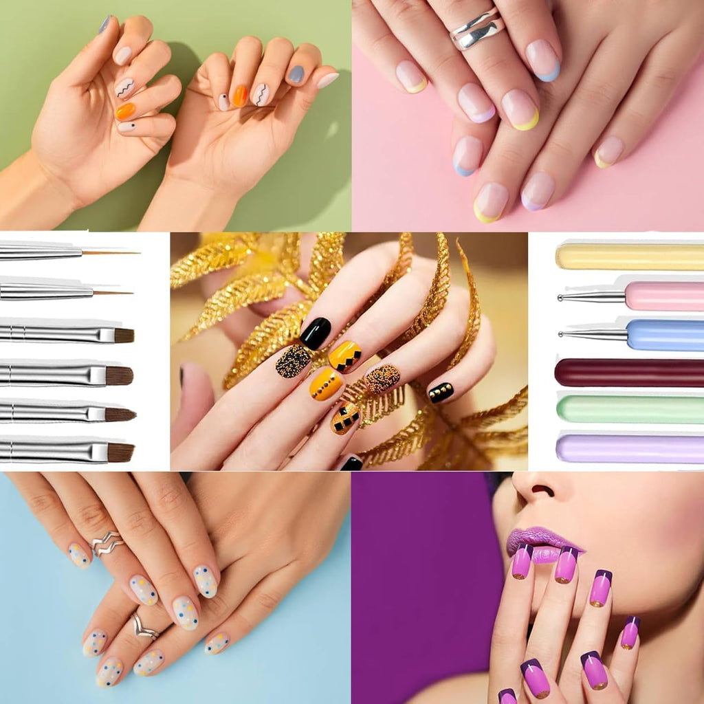 6 PCS Nail Art Brushes, Nail Design Painting Brush Set with Nail Polish Brush, Nail Liner Brush, Nail Extension Gel Brush, Builder Nail Gel Brush, and Multi-Size Dotting Pens for DIY Nail Art
