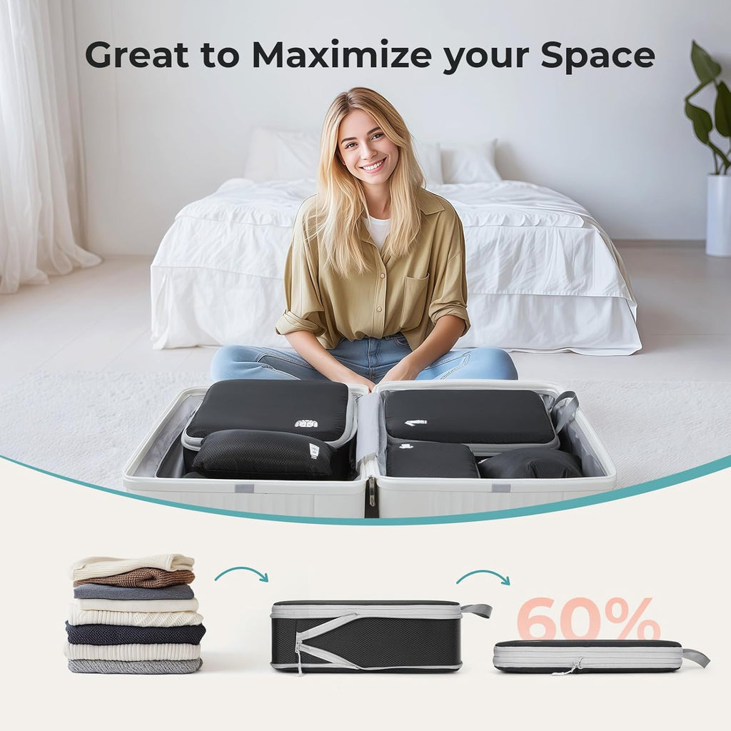 Samfolk Compression Packing Cubes for Suitcases Packing Cubes Compression Set Waterproof Suitcase Organiser Bags for Travel Suitcase Luggage Packing Organizer Bags Travel Essentials Black 8 Set