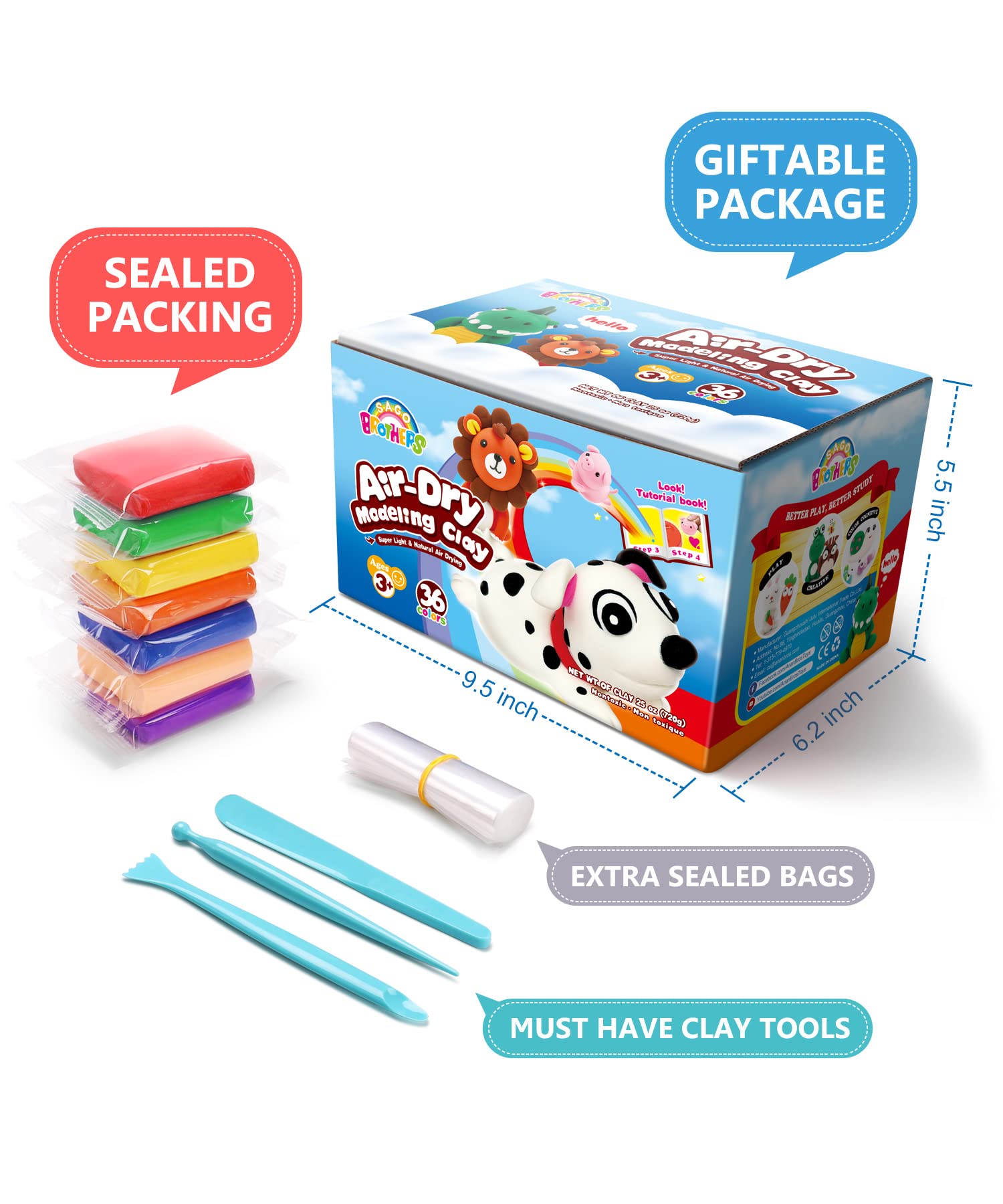 SAGO BROTHERS Air Dry Clay, 24 Colors Modelling Clay with 3 Tools & Booklet