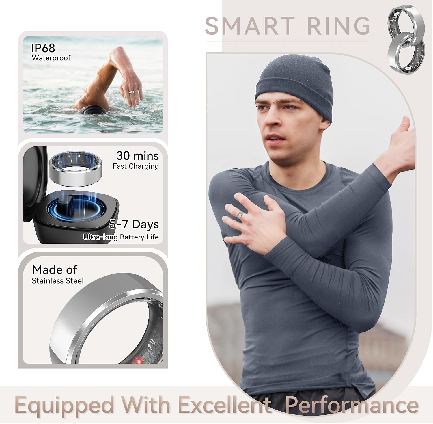 Smart Ring for Women,Fitness & Activity Tracker with Blood Pressure/Heart Rate Monitor, Sleep Tracker, Step Counter, IP68 Waterproof Ring for iOS&Android,Fast Charge,No Subscription (Silver,Size9）