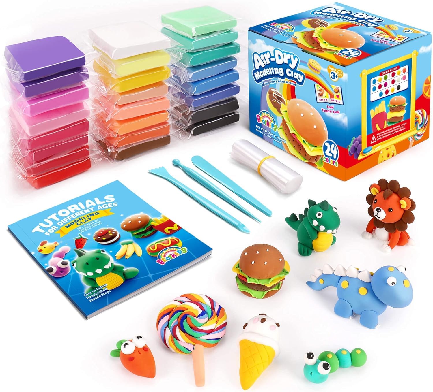 SAGO BROTHERS Air Dry Clay, 24 Colors Modelling Clay with 3 Tools & Booklet