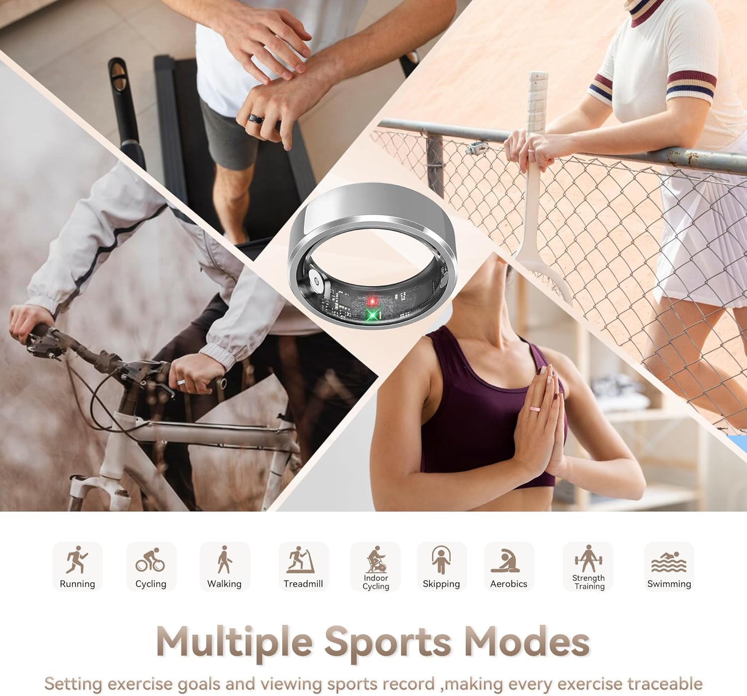 Smart Ring for Women,Fitness & Activity Tracker with Blood Pressure/Heart Rate Monitor, Sleep Tracker, Step Counter, IP68 Waterproof Ring for iOS&Android,Fast Charge,No Subscription (Silver,Size9）