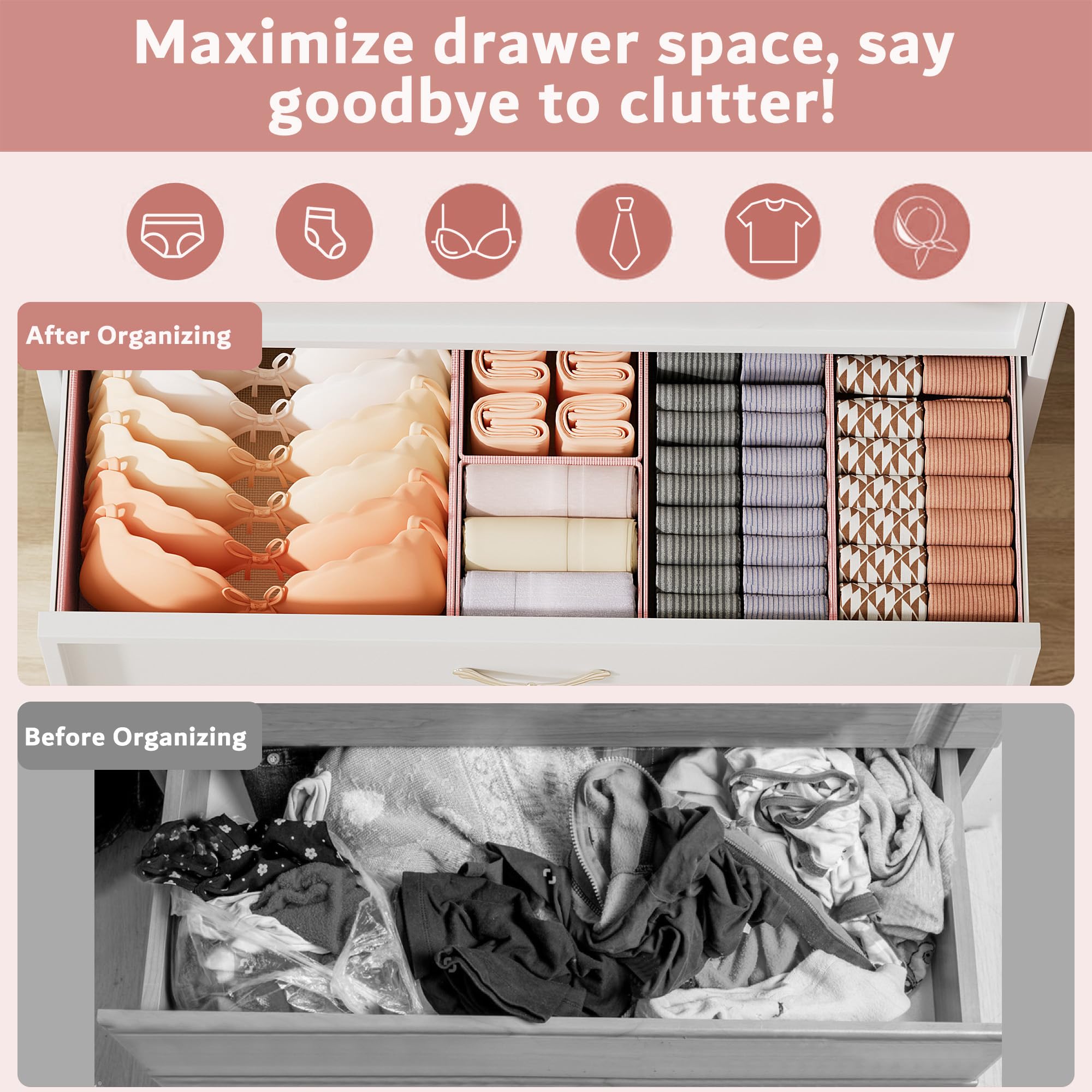 XIVIRACK 10 Pack Drawer Organizer for Clothes, Underwear Drawer Organizer Bins, Foldable Fabric Closet Storage Organizers, Drawer Dividers for Bras Undies Socks Ties, Beige