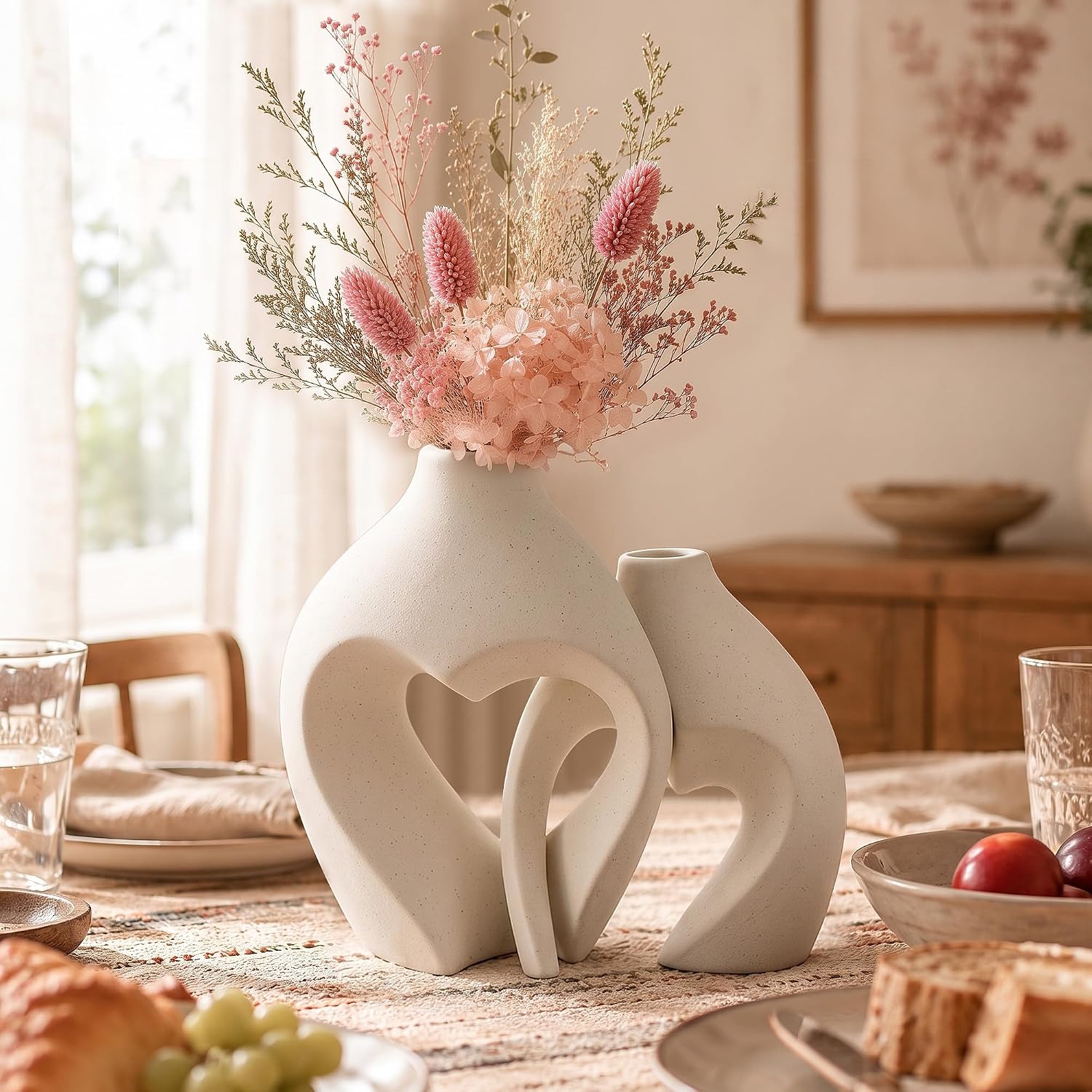 White Ceramic Flower Vases Table Decor Heart Shaped Vase Set of 2 | Nordic Heart Shaped Vases Minimalist Decorative Vase for Table Centerpiece Wedding Dining Living Room Office House Decoration