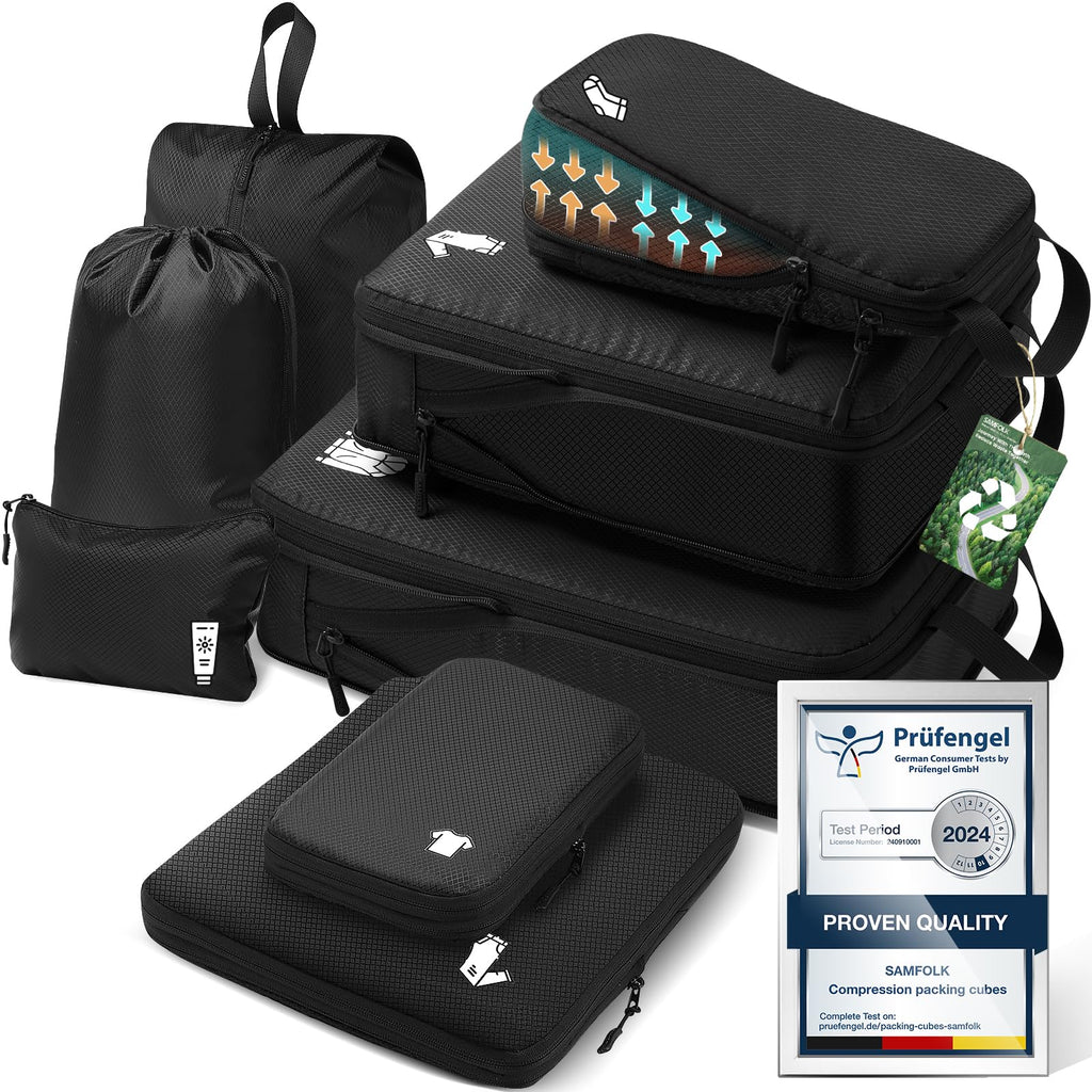 Samfolk Compression Packing Cubes for Suitcases Packing Cubes Compression Set Waterproof Suitcase Organiser Bags for Travel Suitcase Luggage Packing Organizer Bags Travel Essentials Black 8 Set