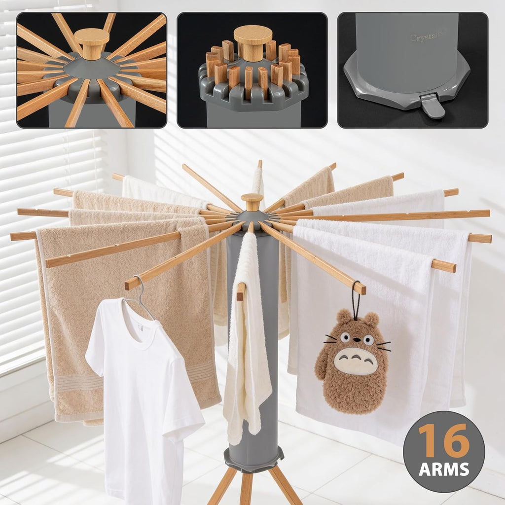 Crystals Octopus Clothes Drying Rack Airer – Portable Cloth Airer 16 Arm Wooden Collapsible Pole Tripod Laundry Dryer Horse Stand, Floor Standing Foldable Clothes Hanger for Home Use_Grey