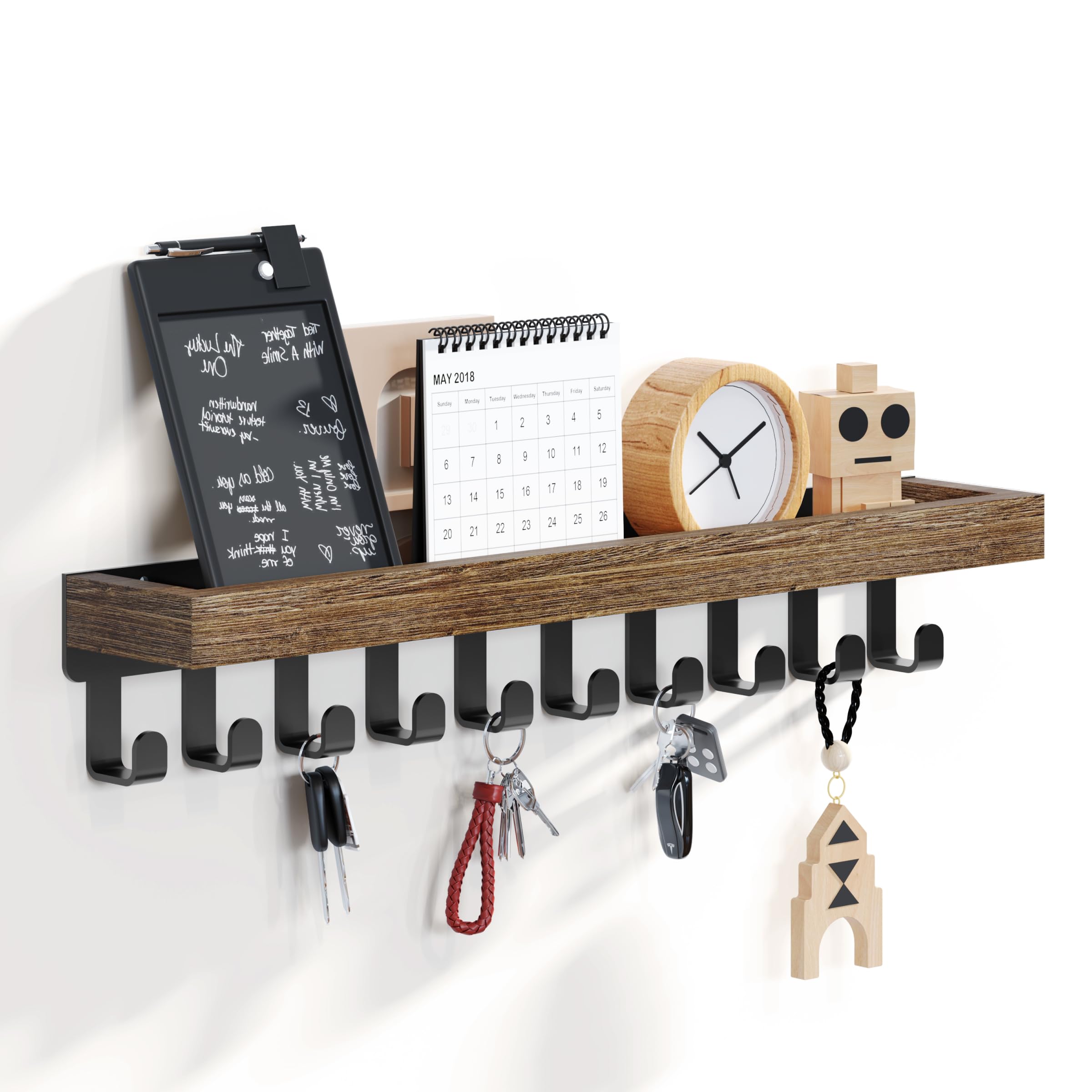 SWTYMIKI Key Holder with Wood Tray and 6 Hooks, Wall Mounted Key Racks, Key Hangers Home Decor Key Rack Mail Organizer for Hallway, Entryway, Bedroom, Mudroom, Office