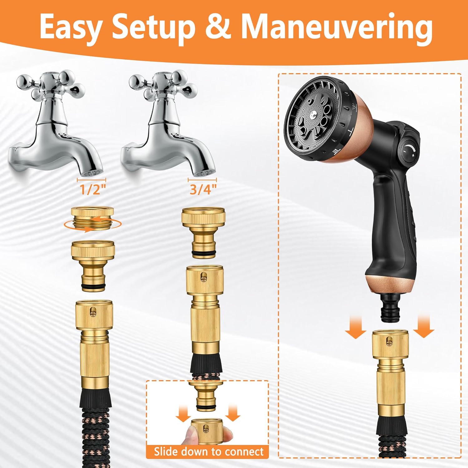 Expandable Garden Hose Pipe 150FT(45m), Flexible Water Hose w/10 Function Spray Gun & 2-in-1 Valve Quick Fittings, Lightweight, Durable, Kink-Free, Heavy Duty Expanding Hosepipes for Garden(BlackGold)
